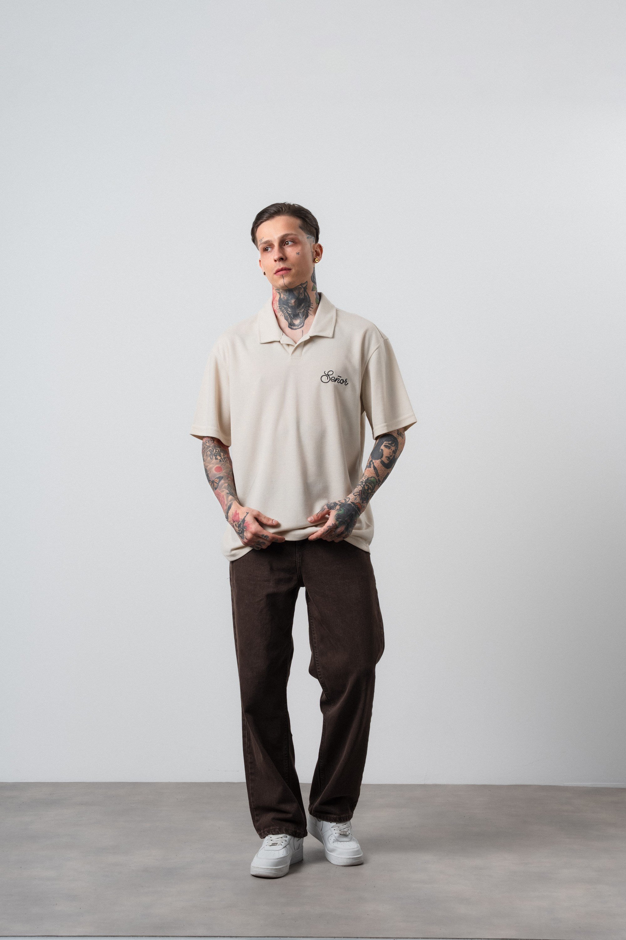 Erkek Senor Yazılı Polo Yaka Regular Fit T-Shirt Bej