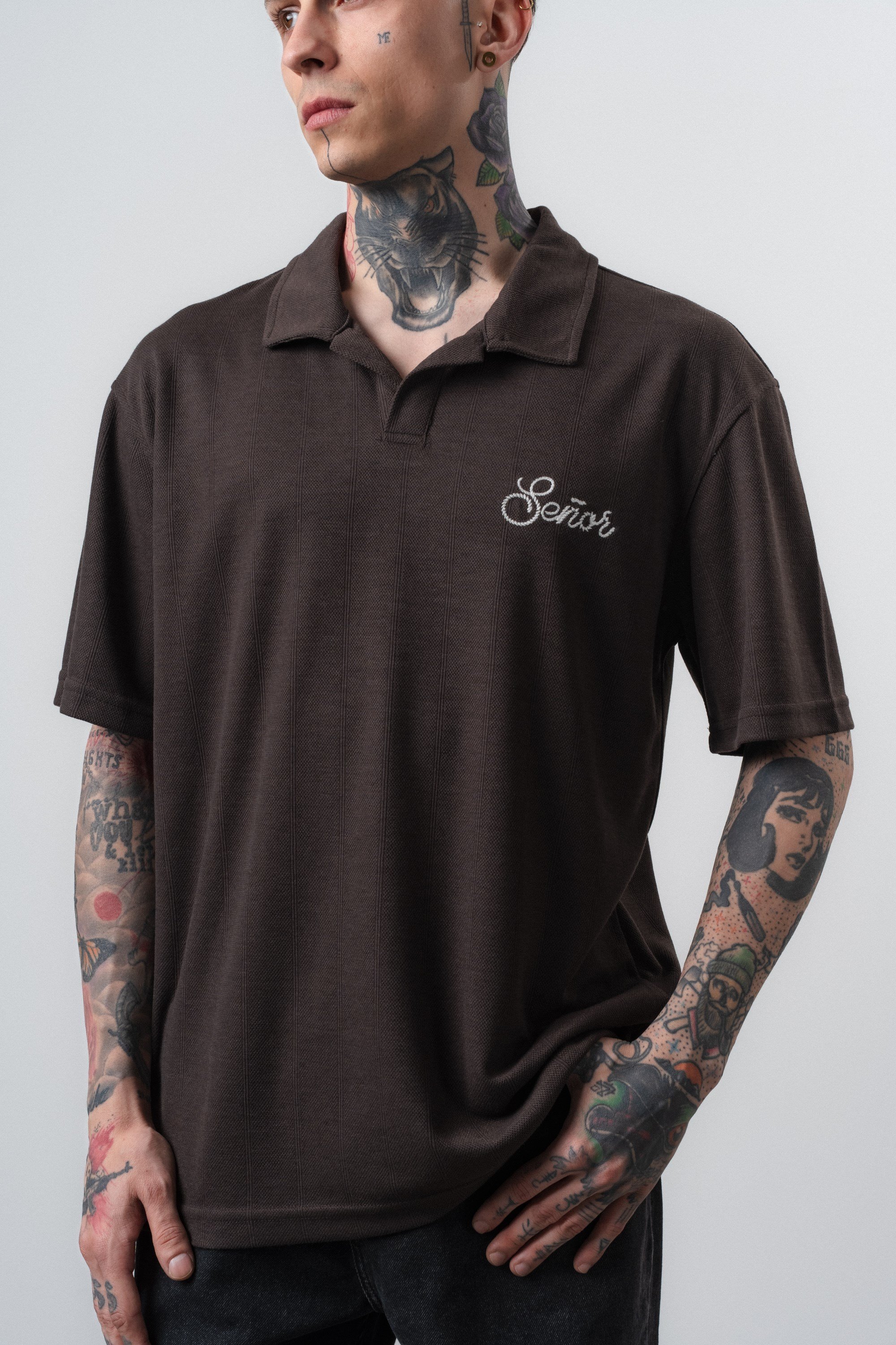 Erkek Senor Yazılı Polo Yaka Regular Fit T-Shirt Kahve