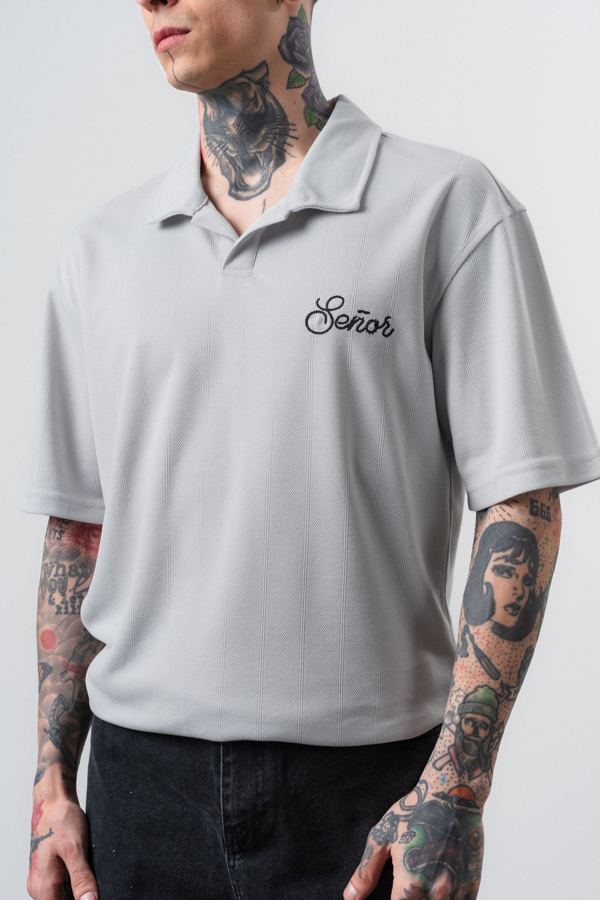 Erkek Senor Yazılı Polo Yaka Regular Fit T-Shirt Gri