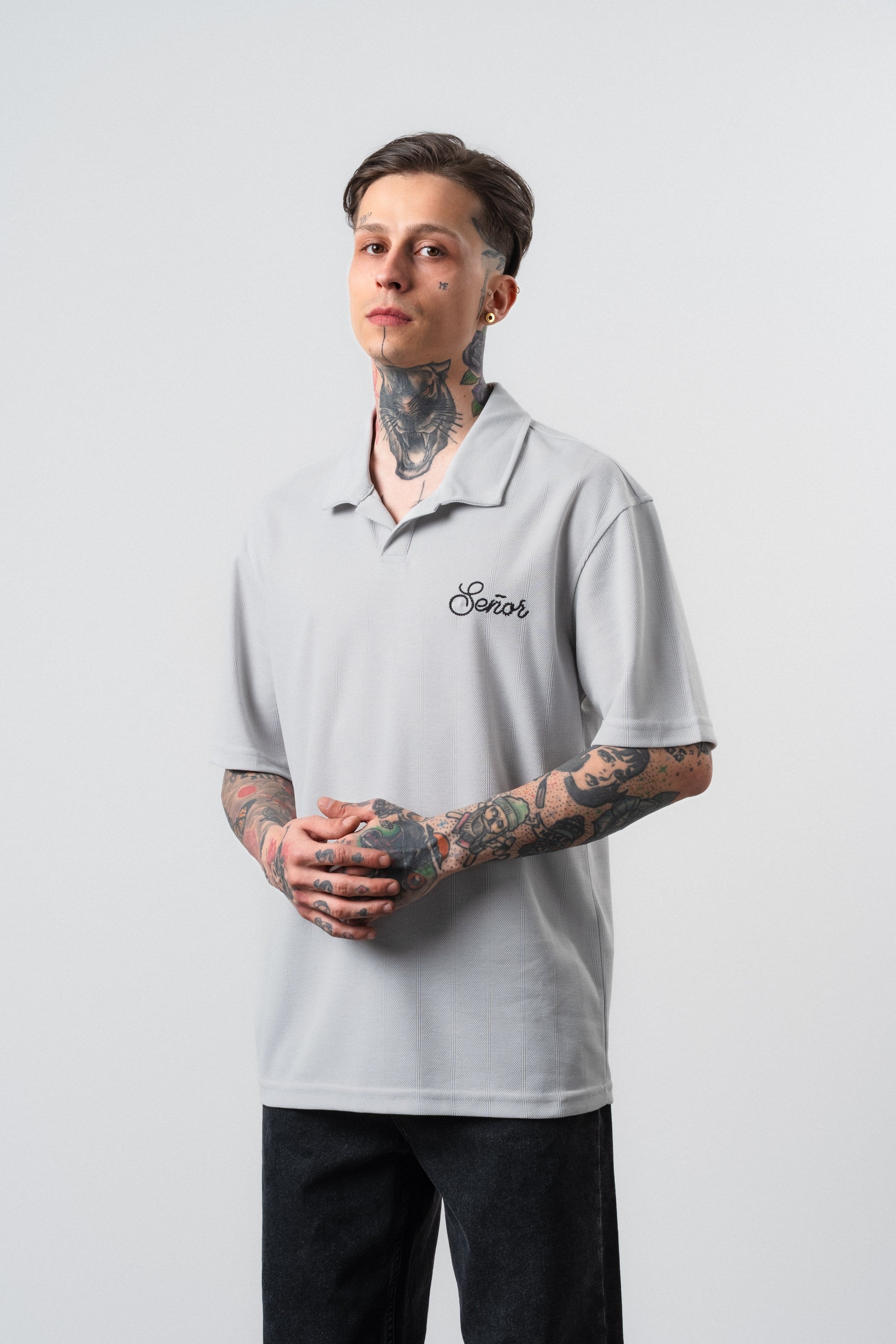 Erkek Senor Yazılı Polo Yaka Regular Fit T-Shirt Gri