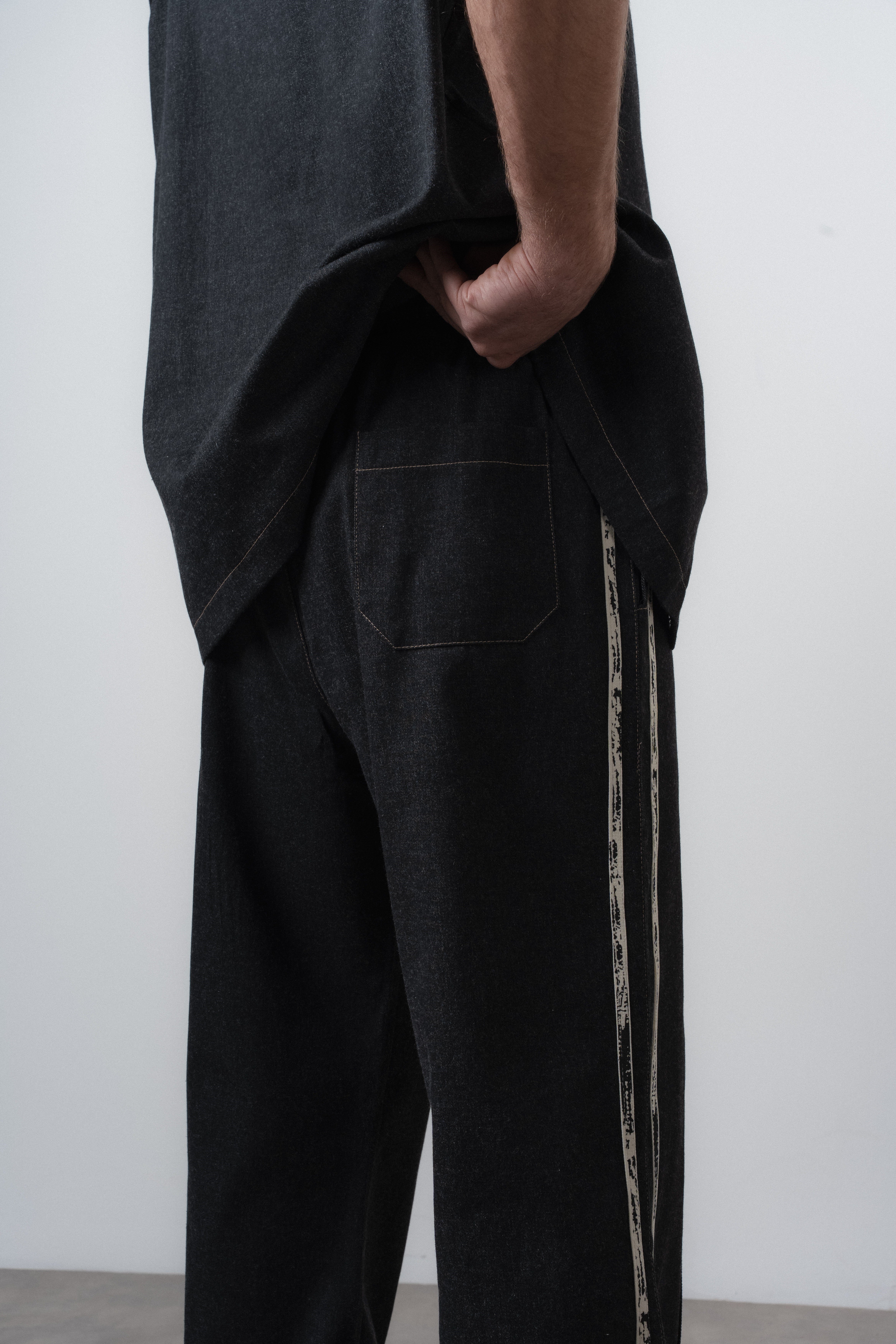 Erkek Şerit Detaylı Denim Baggy Pantolon Siyah