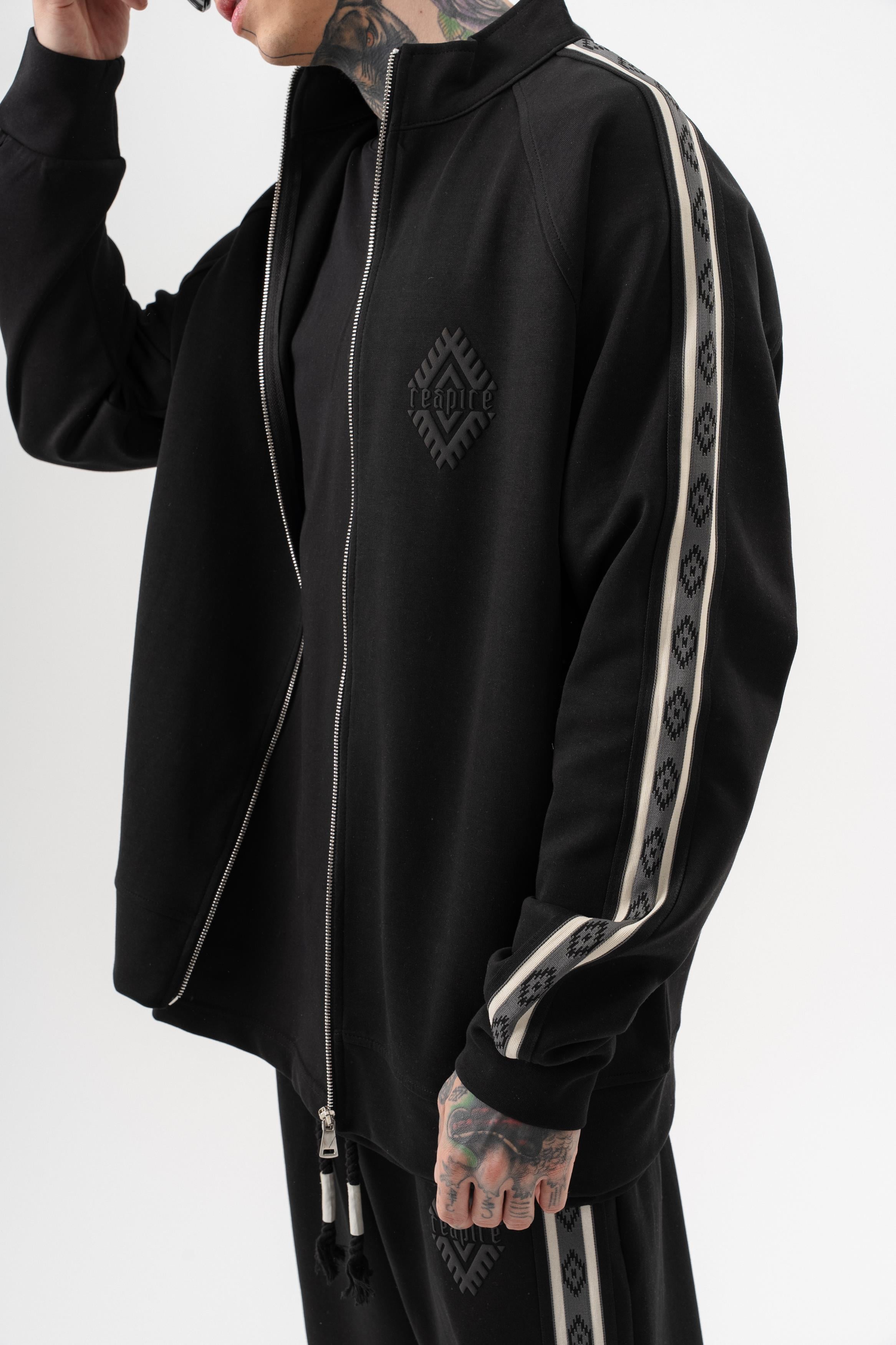 Erkek Şerit Detaylı Dik Yaka Doubleface Zip Oversize Sweatshirt Siyah