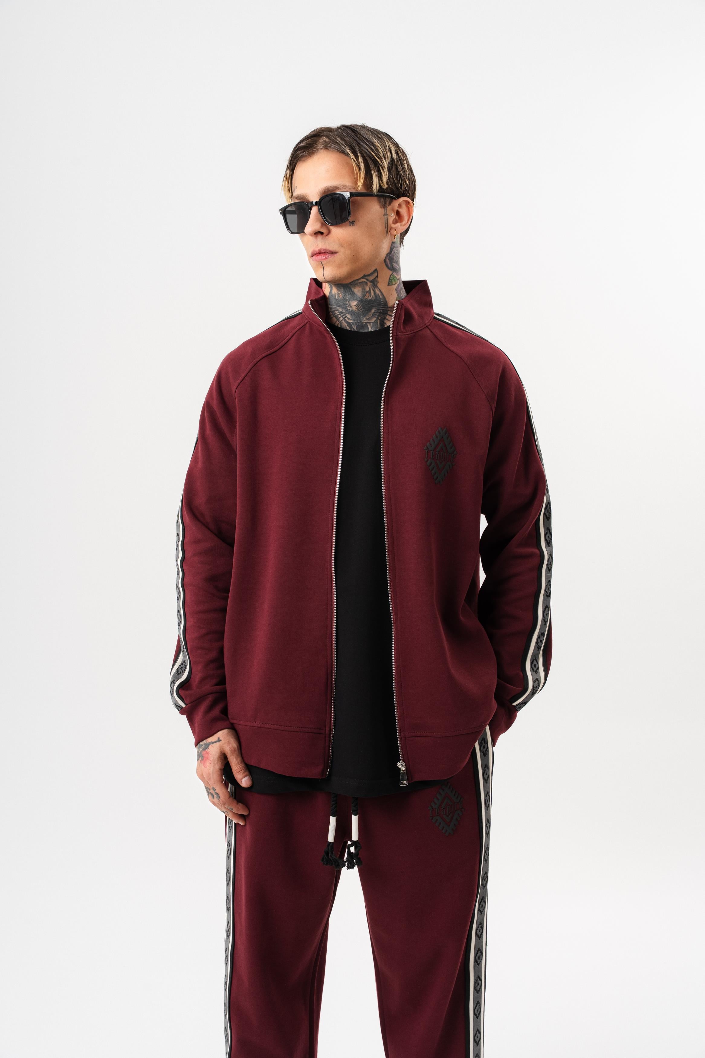 Erkek Şerit Detaylı Dik Yaka Doubleface Zip Oversize Sweatshirt Bordo