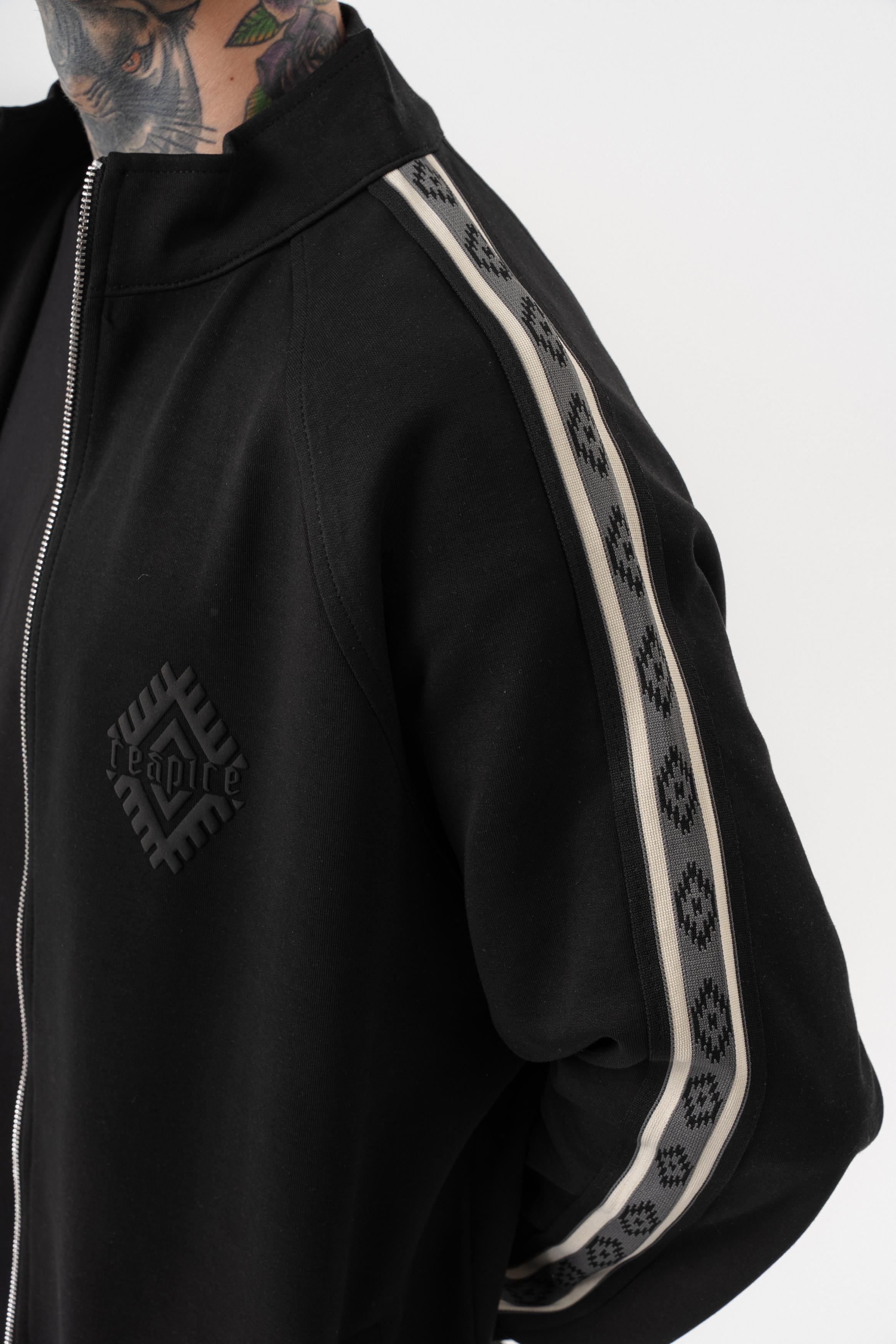 Erkek Şerit Detaylı Dik Yaka Doubleface Zip Oversize Sweatshirt Siyah