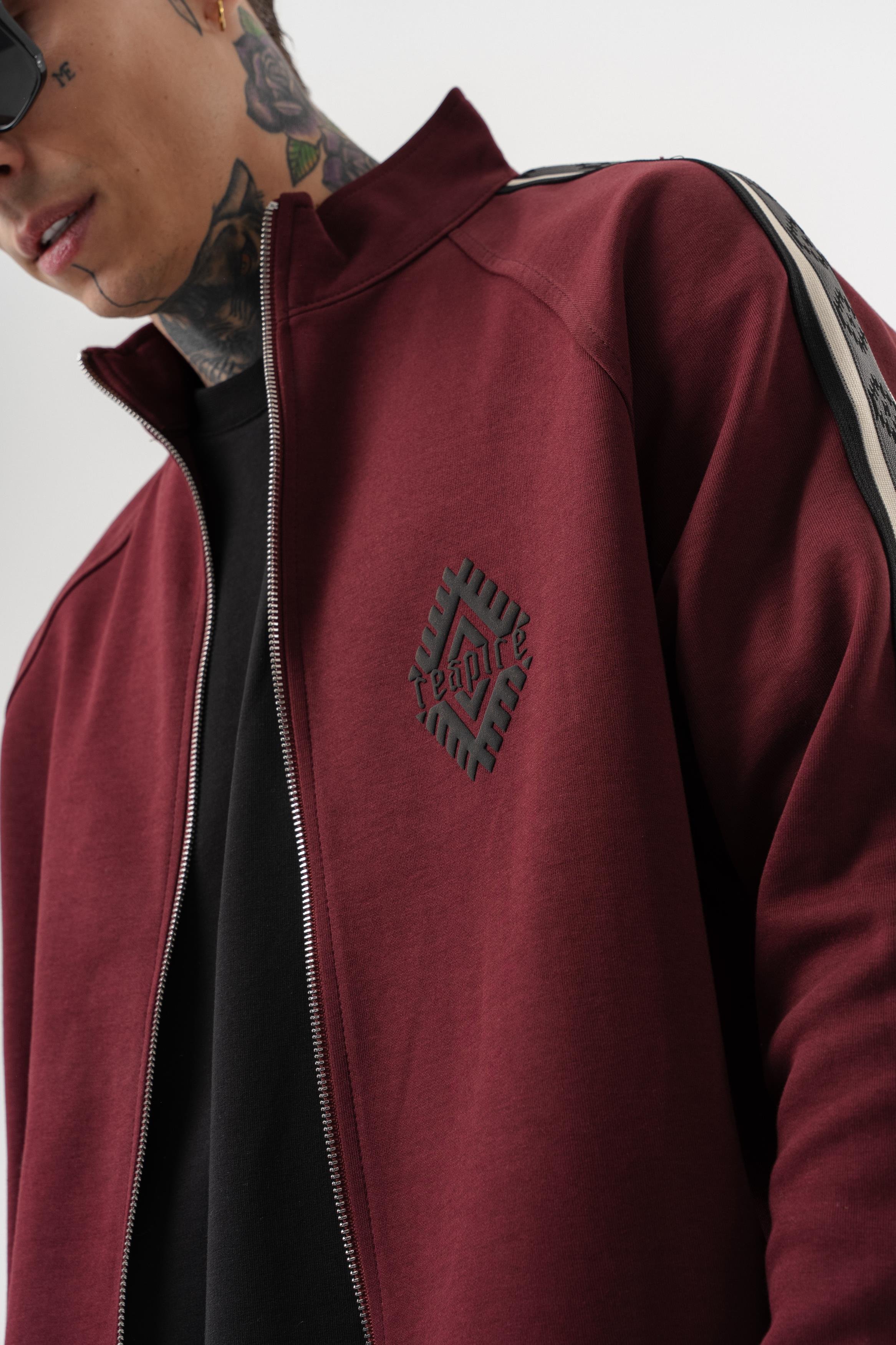 Erkek Şerit Detaylı Dik Yaka Doubleface Zip Oversize Sweatshirt Bordo