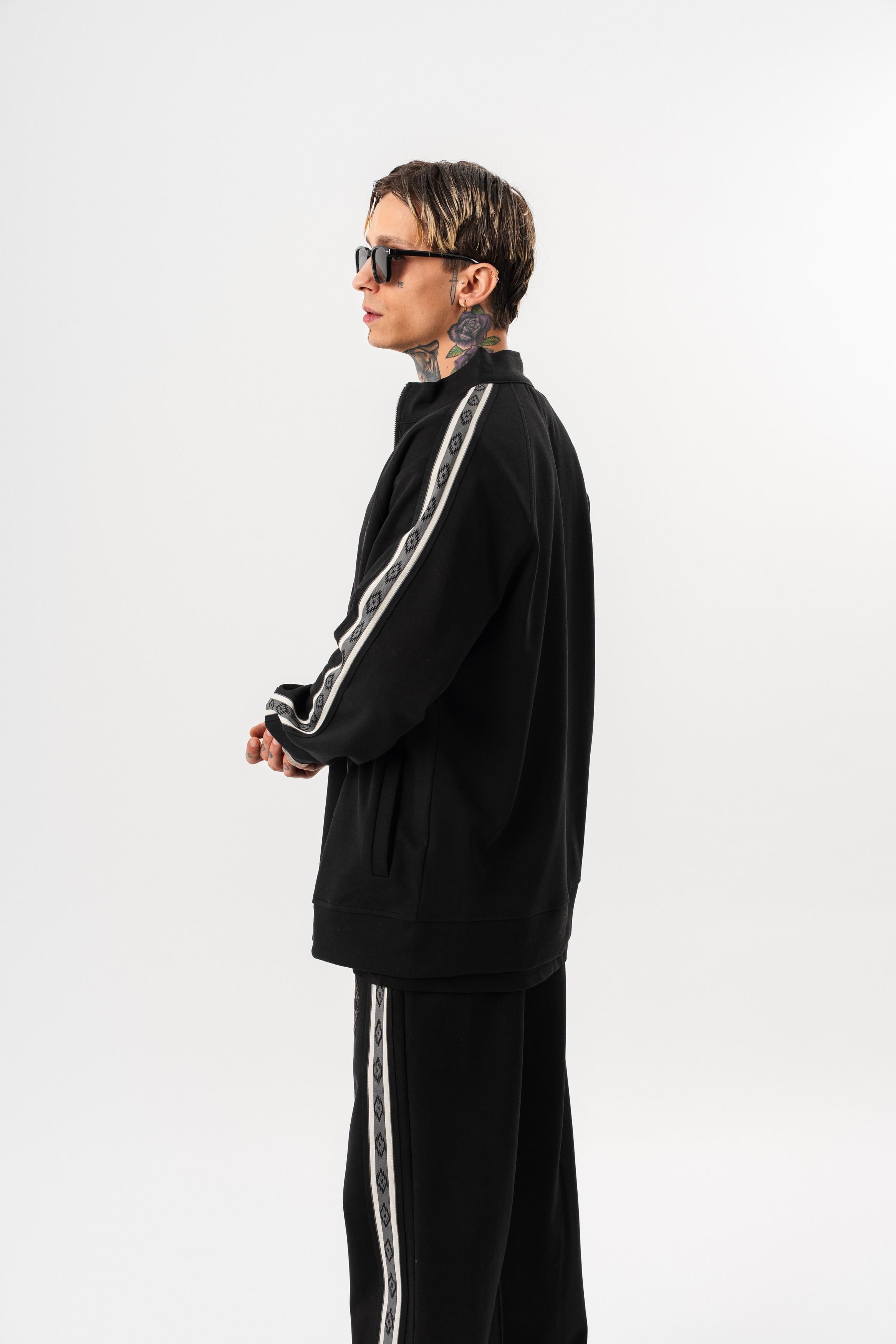 Erkek Şerit Detaylı Dik Yaka Doubleface Zip Oversize Sweatshirt Siyah
