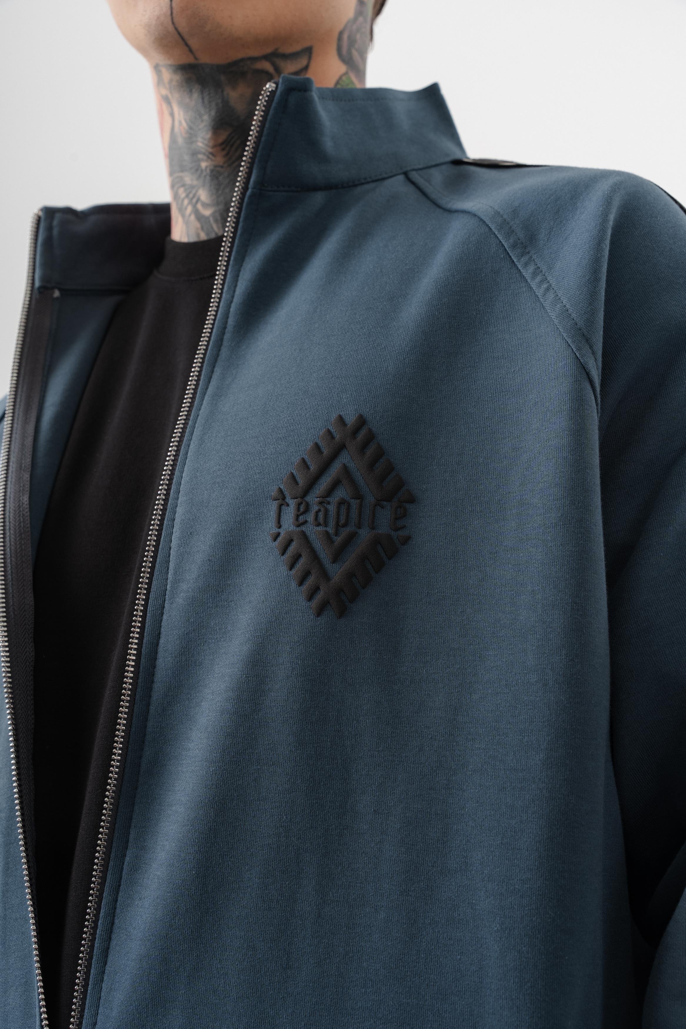 Erkek Şerit Detaylı Dik Yaka Doubleface Zip Oversize Sweatshirt Petrol