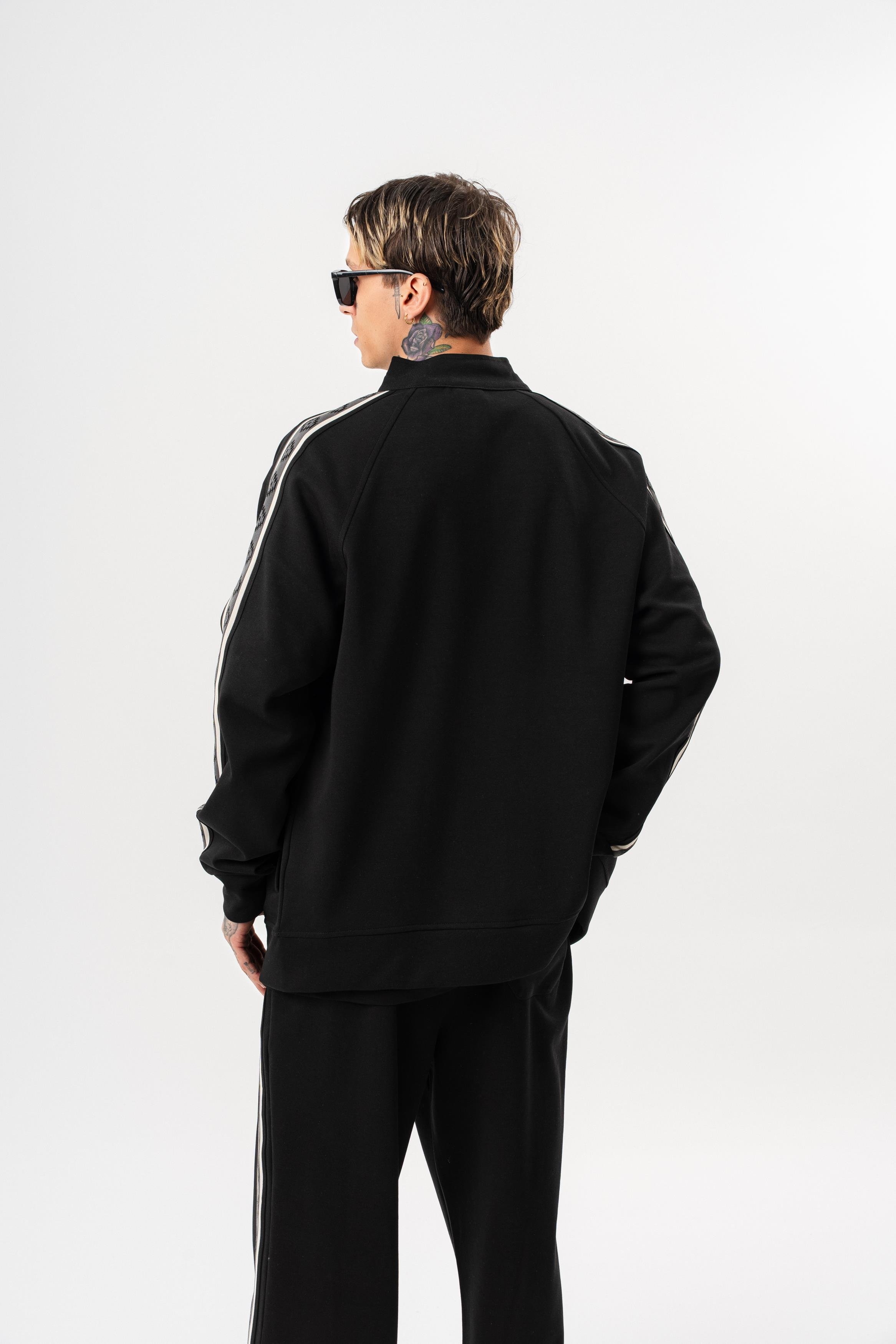 Erkek Şerit Detaylı Dik Yaka Doubleface Zip Oversize Sweatshirt Siyah