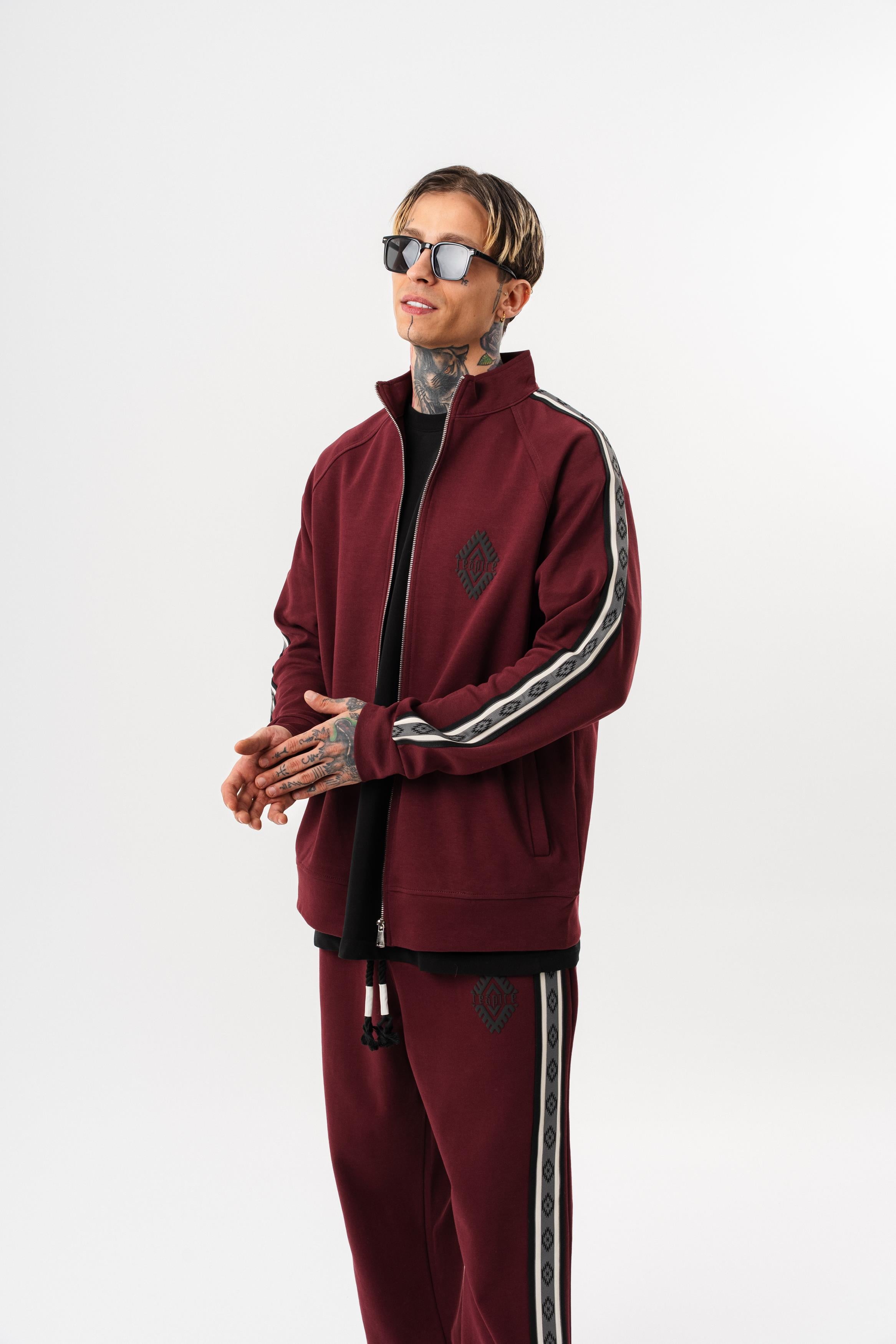 Erkek Şerit Detaylı Dik Yaka Doubleface Zip Oversize Sweatshirt Bordo