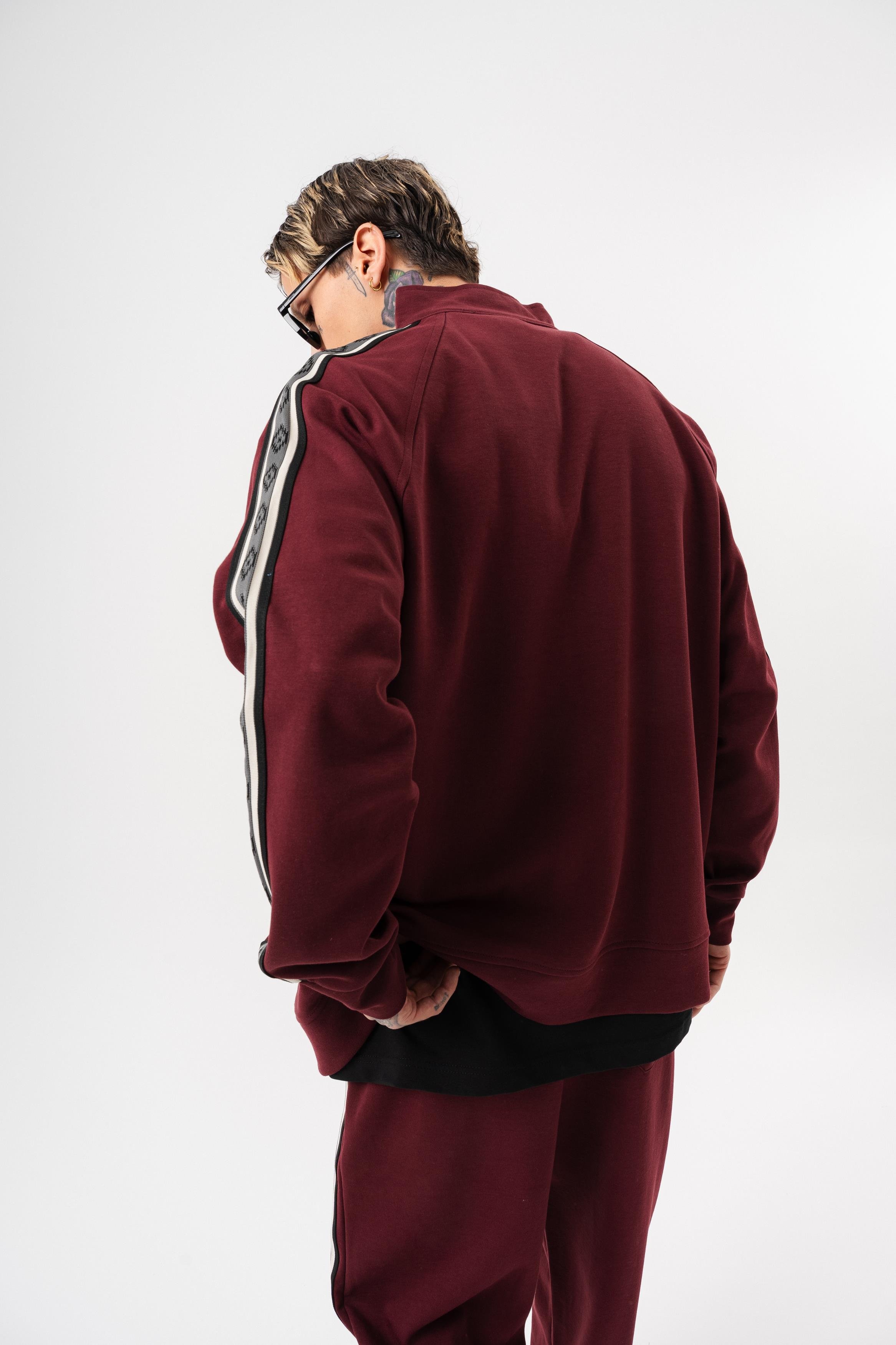 Erkek Şerit Detaylı Dik Yaka Doubleface Zip Oversize Sweatshirt Bordo