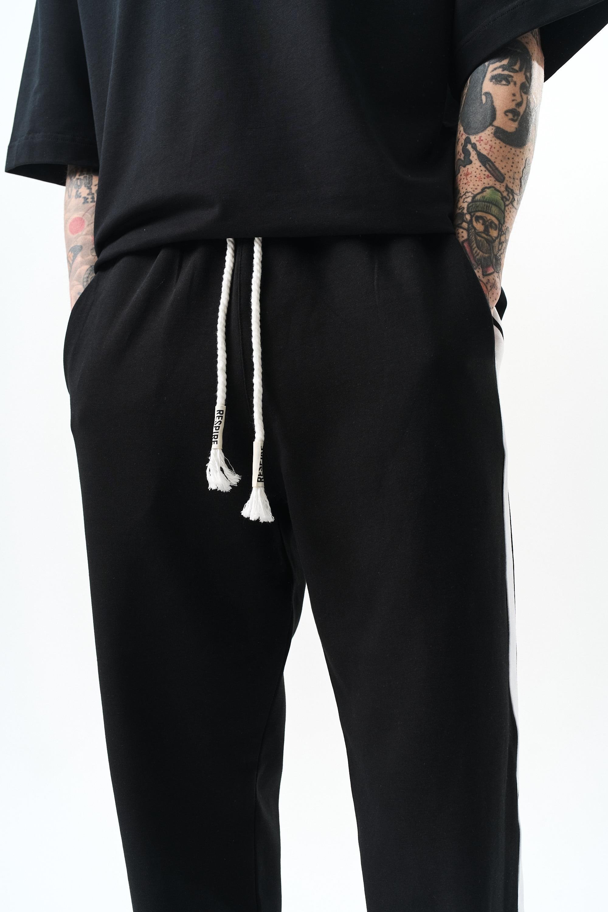 Erkek Şerit Detaylı İnterlok Baggy Eşofman Altı Siyah