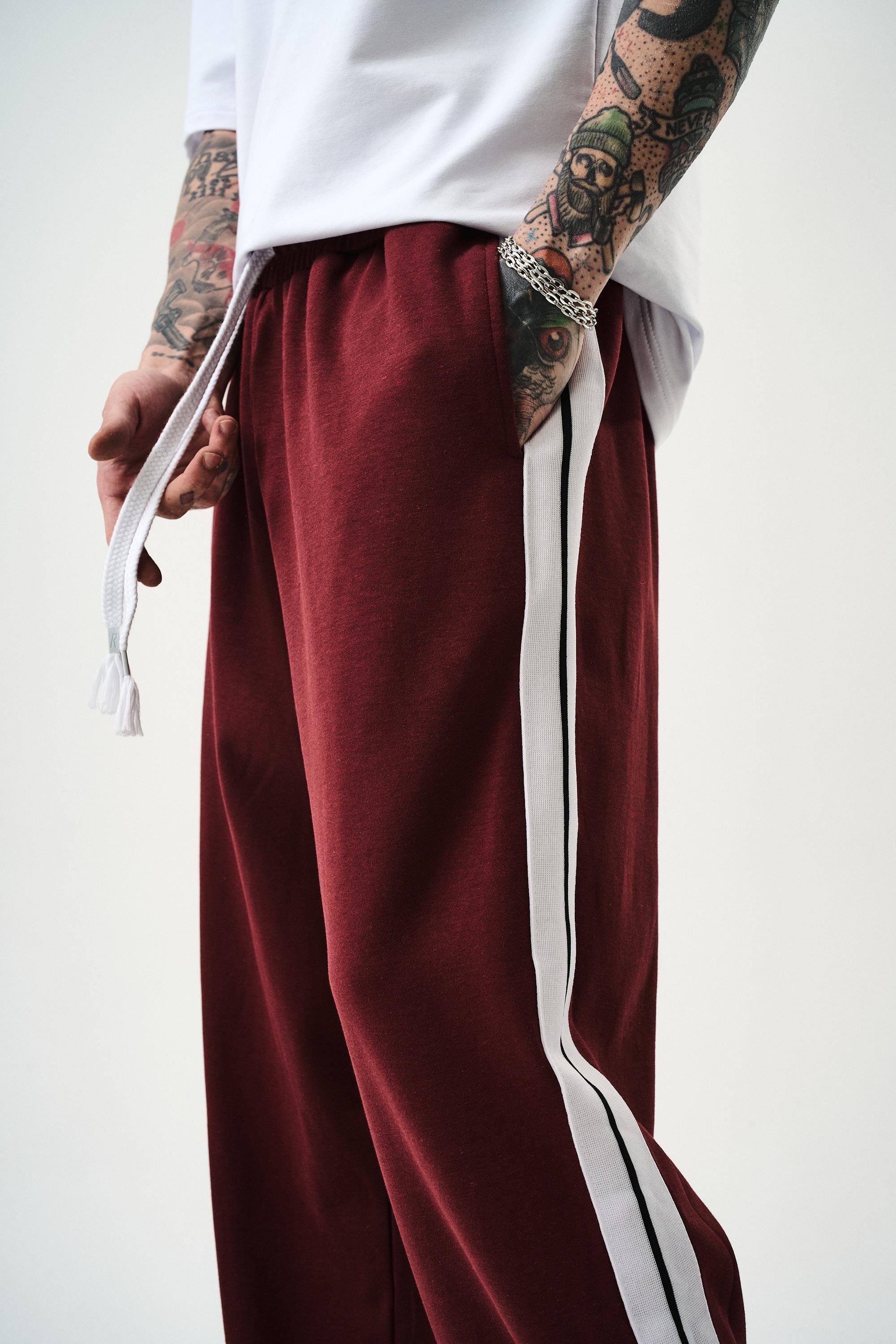 Erkek Şerit Detaylı İnterlok Baggy Eşofman Altı Bordo