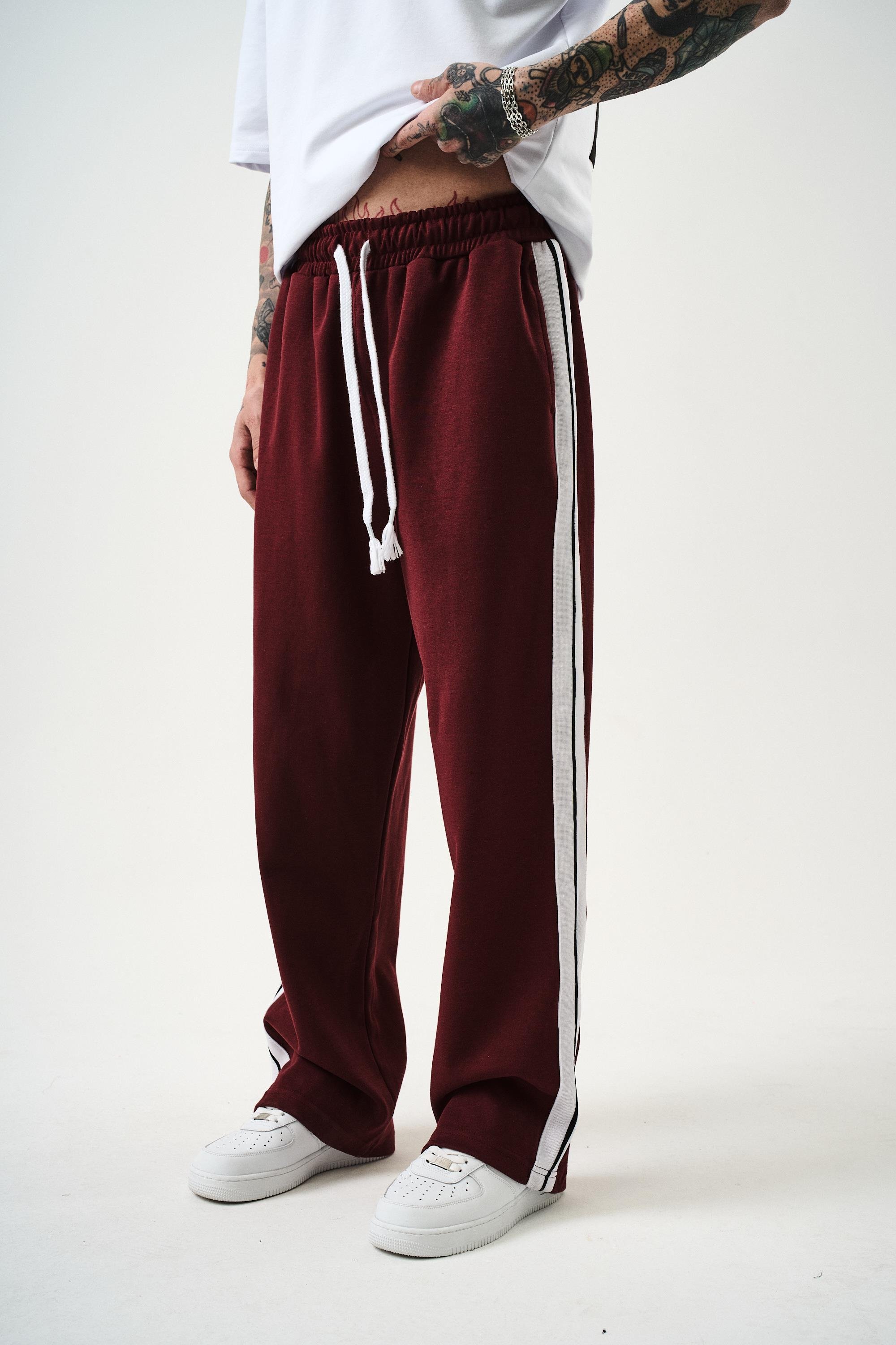 Erkek Şerit Detaylı İnterlok Baggy Eşofman Altı Bordo