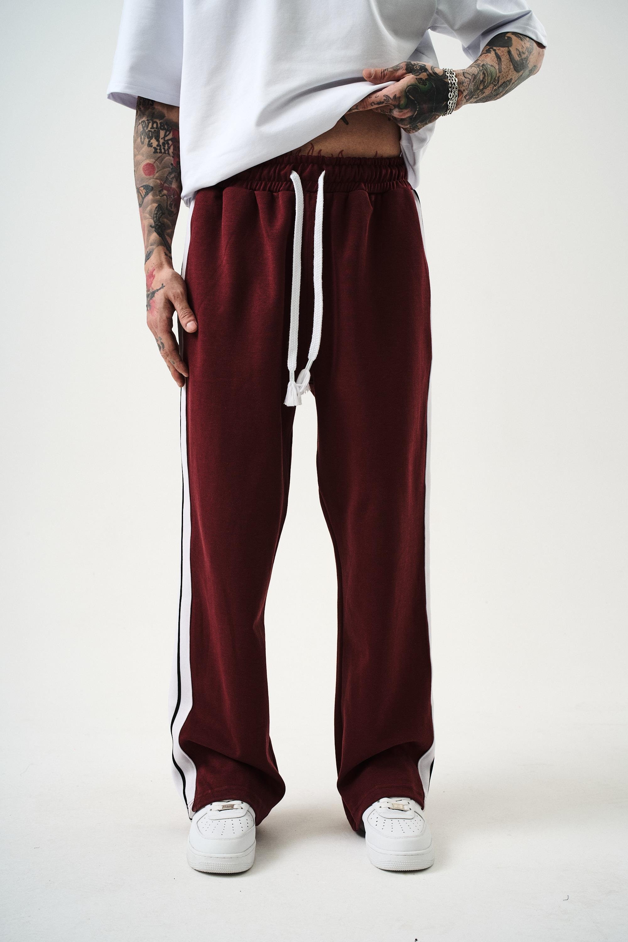 Erkek Şerit Detaylı İnterlok Baggy Eşofman Altı Bordo