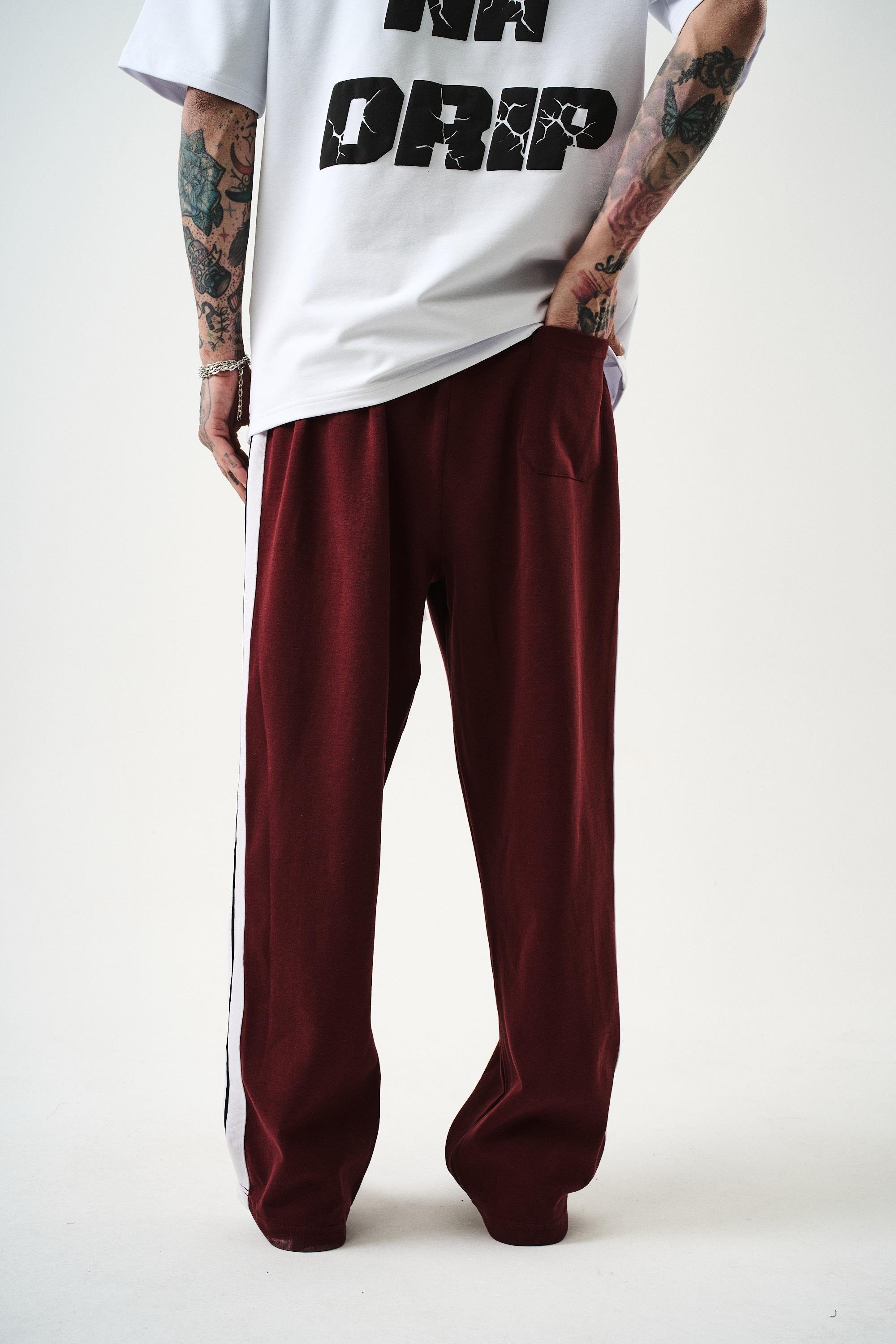 Erkek Şerit Detaylı İnterlok Baggy Eşofman Altı Bordo