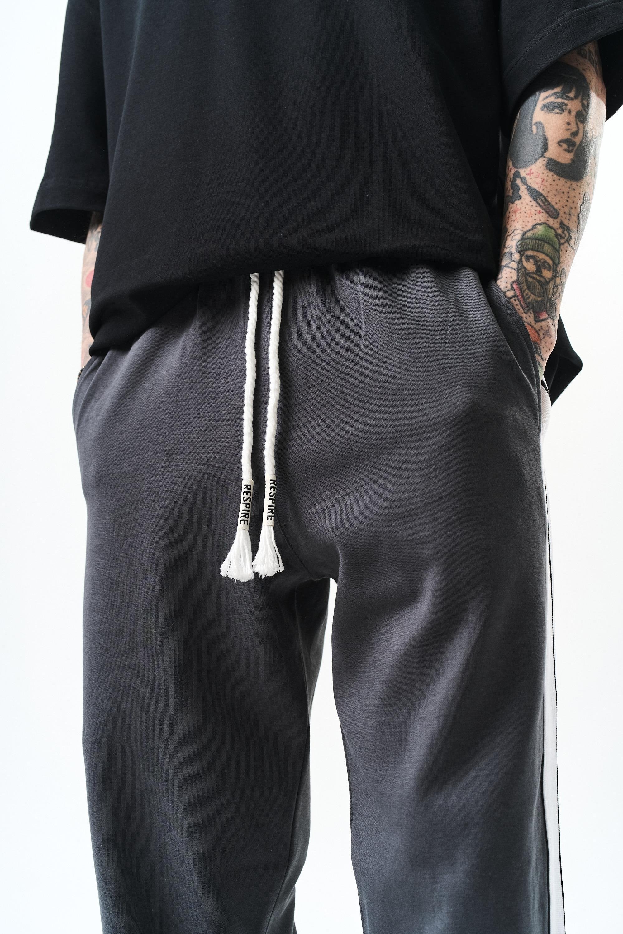 Erkek Şerit Detaylı İnterlok Baggy Eşofman Altı Füme