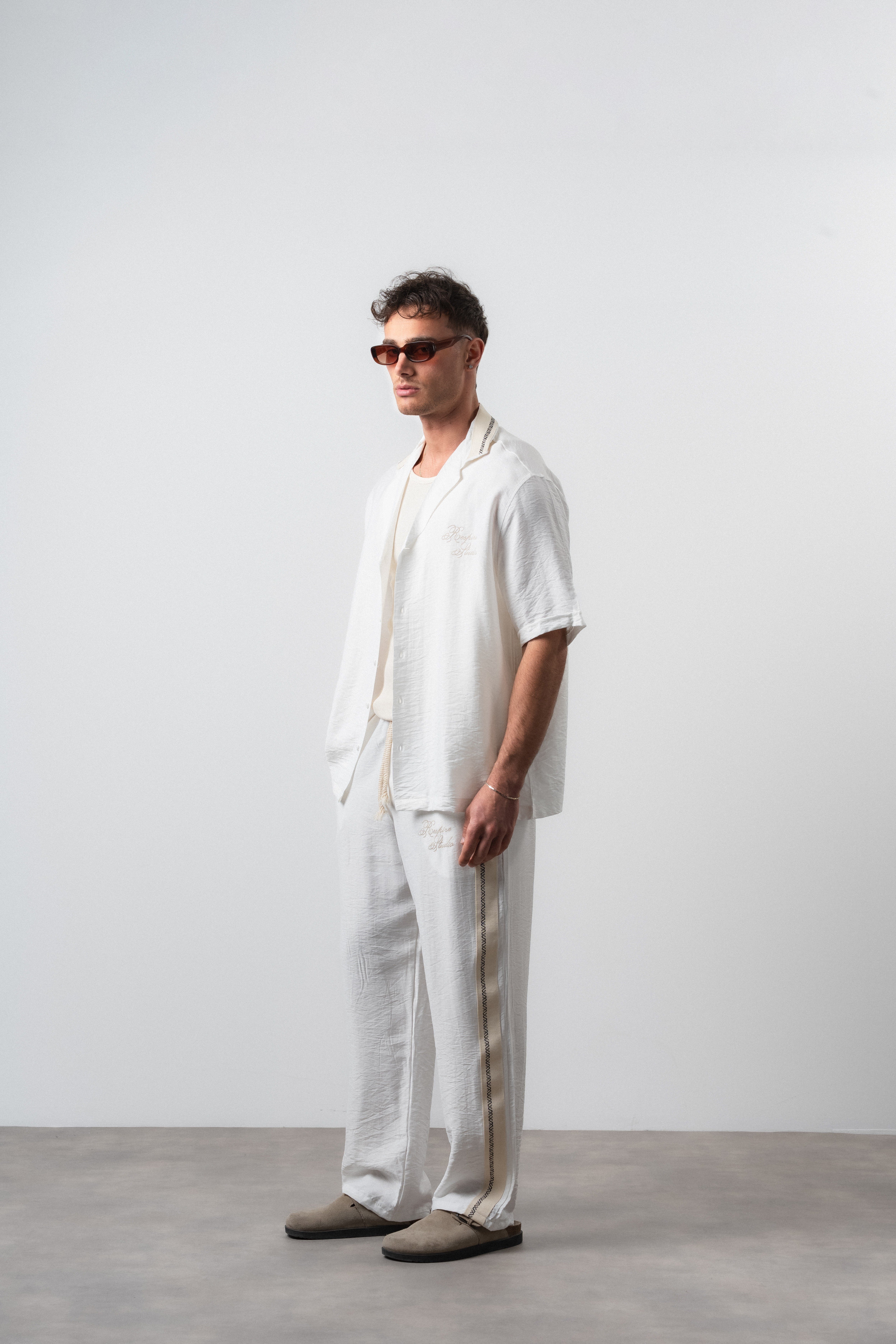 Erkek Şerit Detaylı Keten Oversize Gömlek Pantolon Takım Ekru
