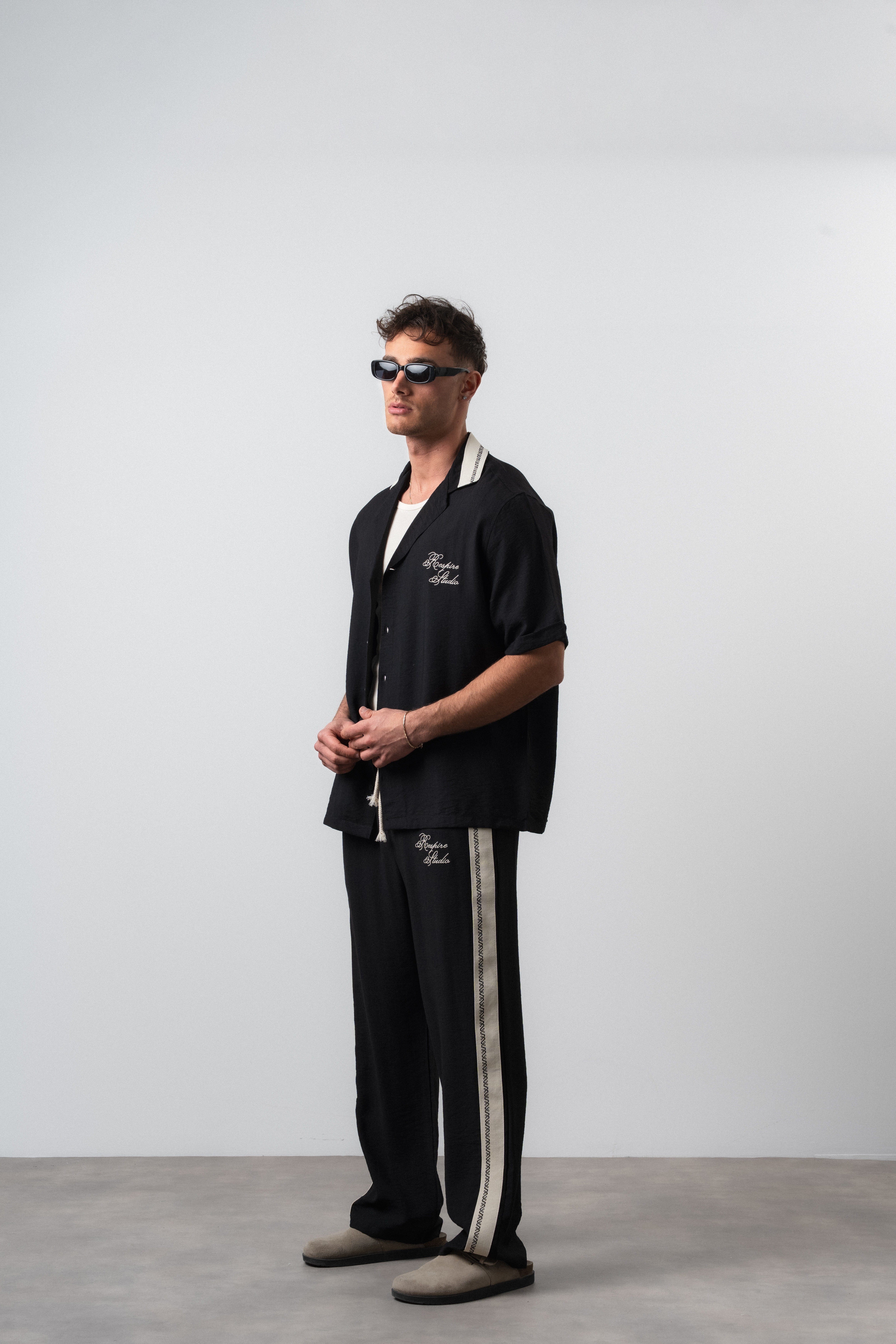 Erkek Şerit Detaylı Keten Oversize Gömlek Pantolon Takım Siyah