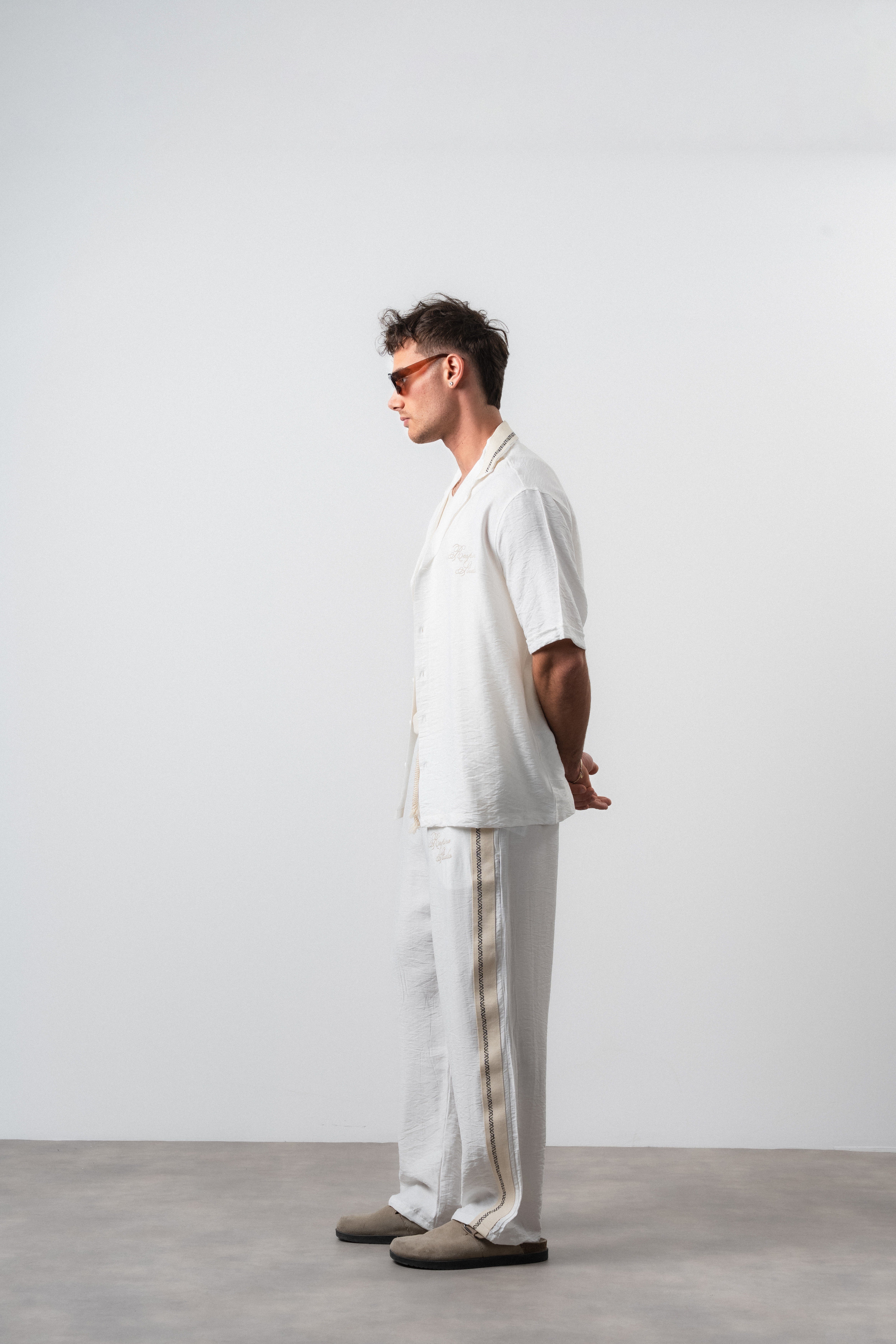 Erkek Şerit Detaylı Keten Oversize Gömlek Pantolon Takım Ekru