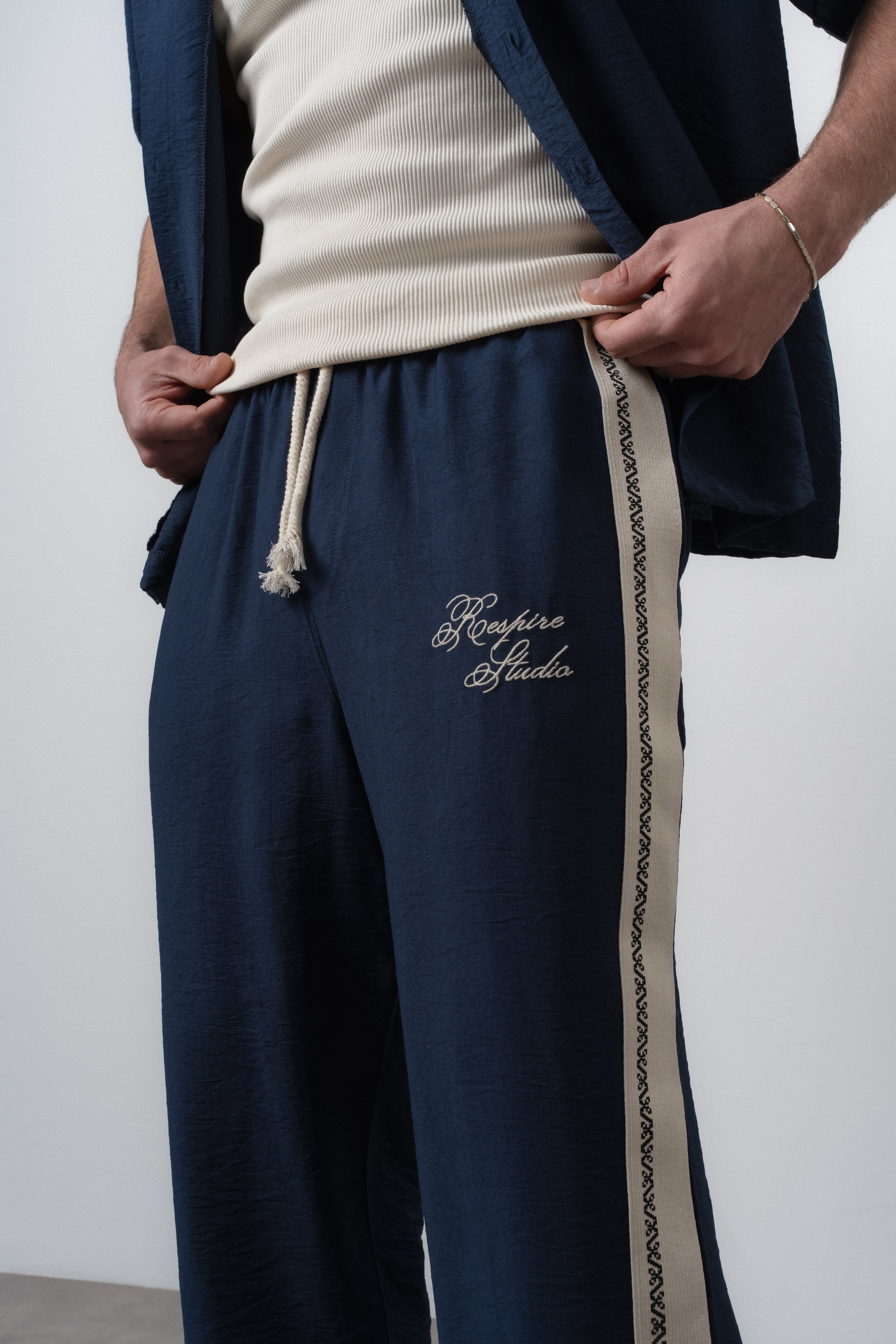 Erkek Şerit Detaylı Keten Oversize Gömlek Pantolon Takım Lacivert