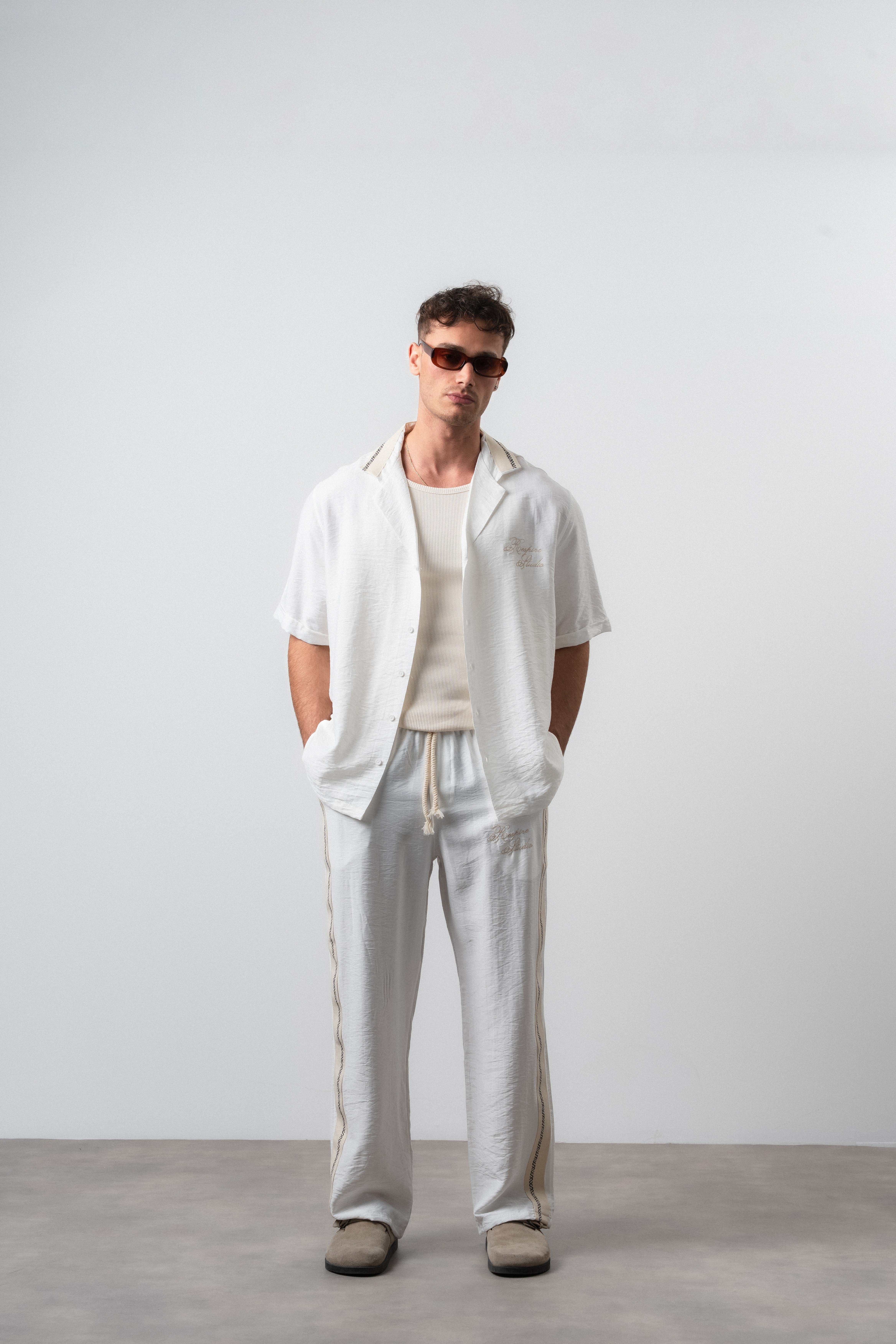Erkek Şerit Detaylı Keten Oversize Gömlek Pantolon Takım Ekru