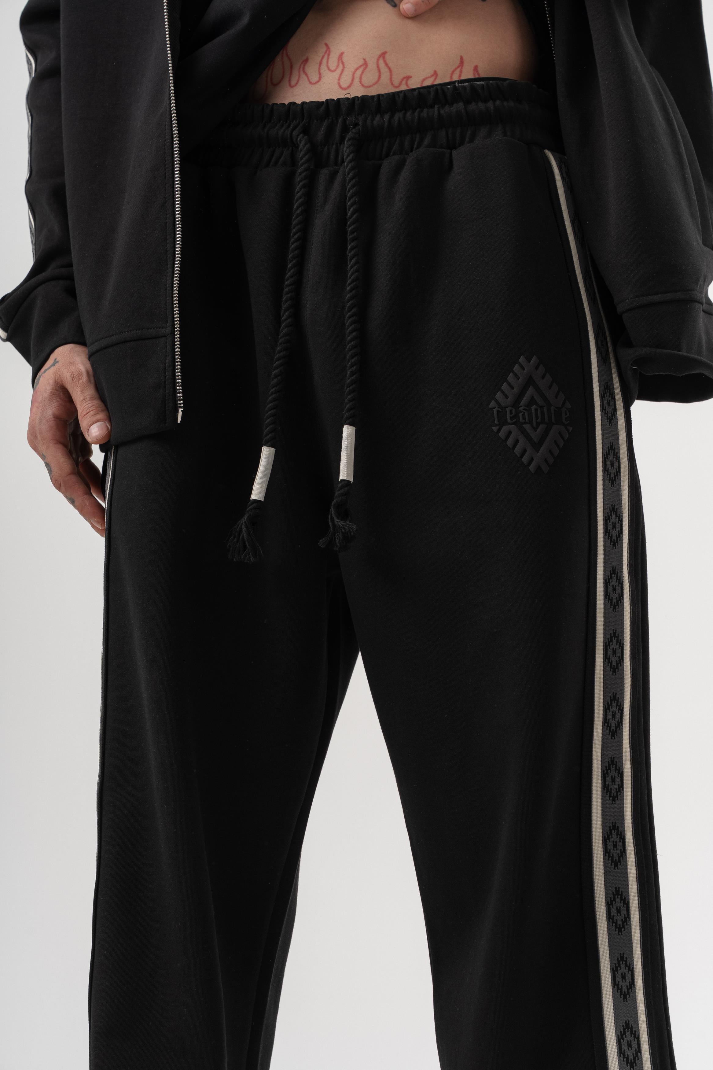 Erkek Şerit Detaylı Kışlık Doubleface Baggy Eşofman Altı Siyah