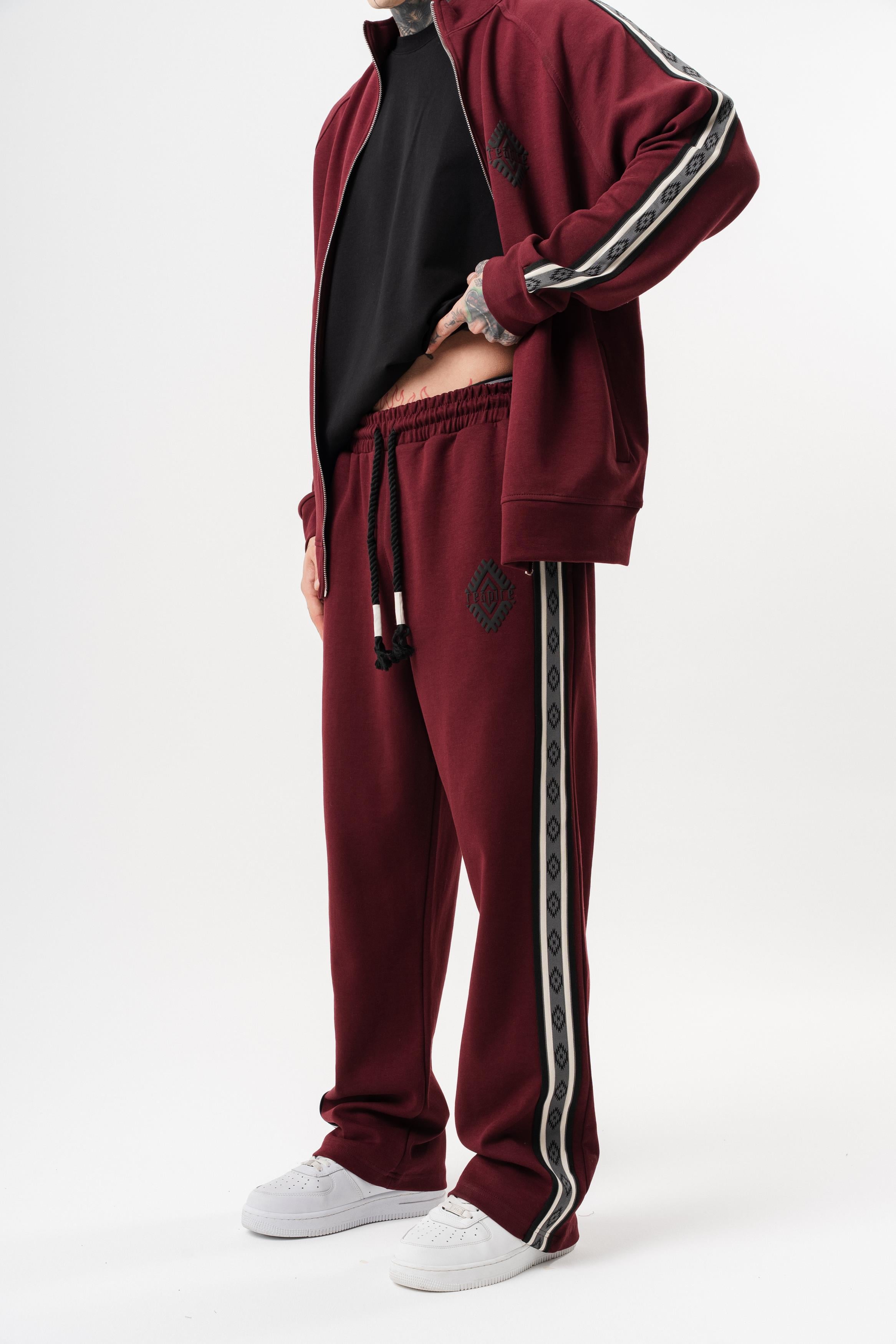 Erkek Şerit Detaylı Kışlık Doubleface Baggy Eşofman Altı Bordo