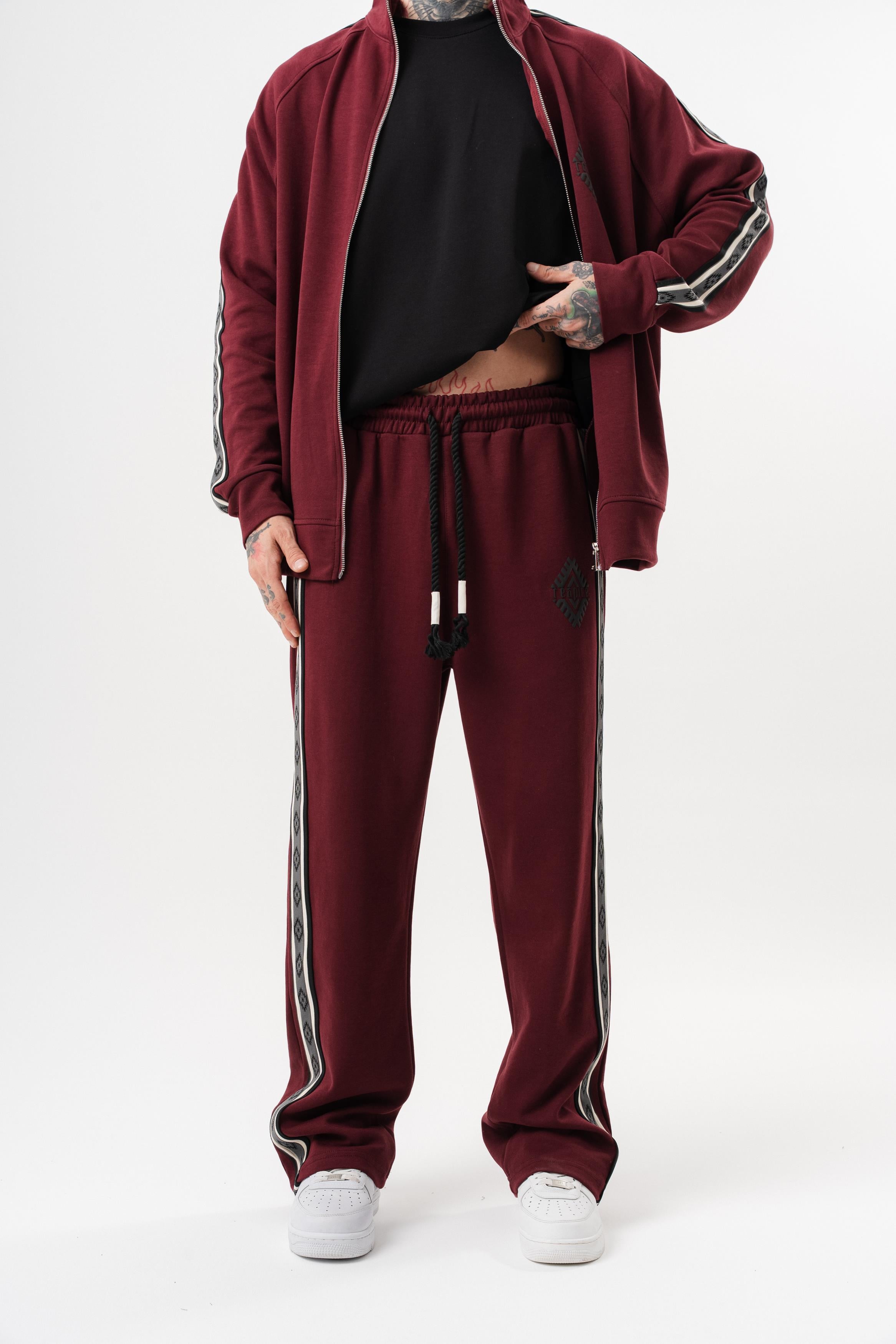 Erkek Şerit Detaylı Kışlık Doubleface Baggy Eşofman Altı Bordo