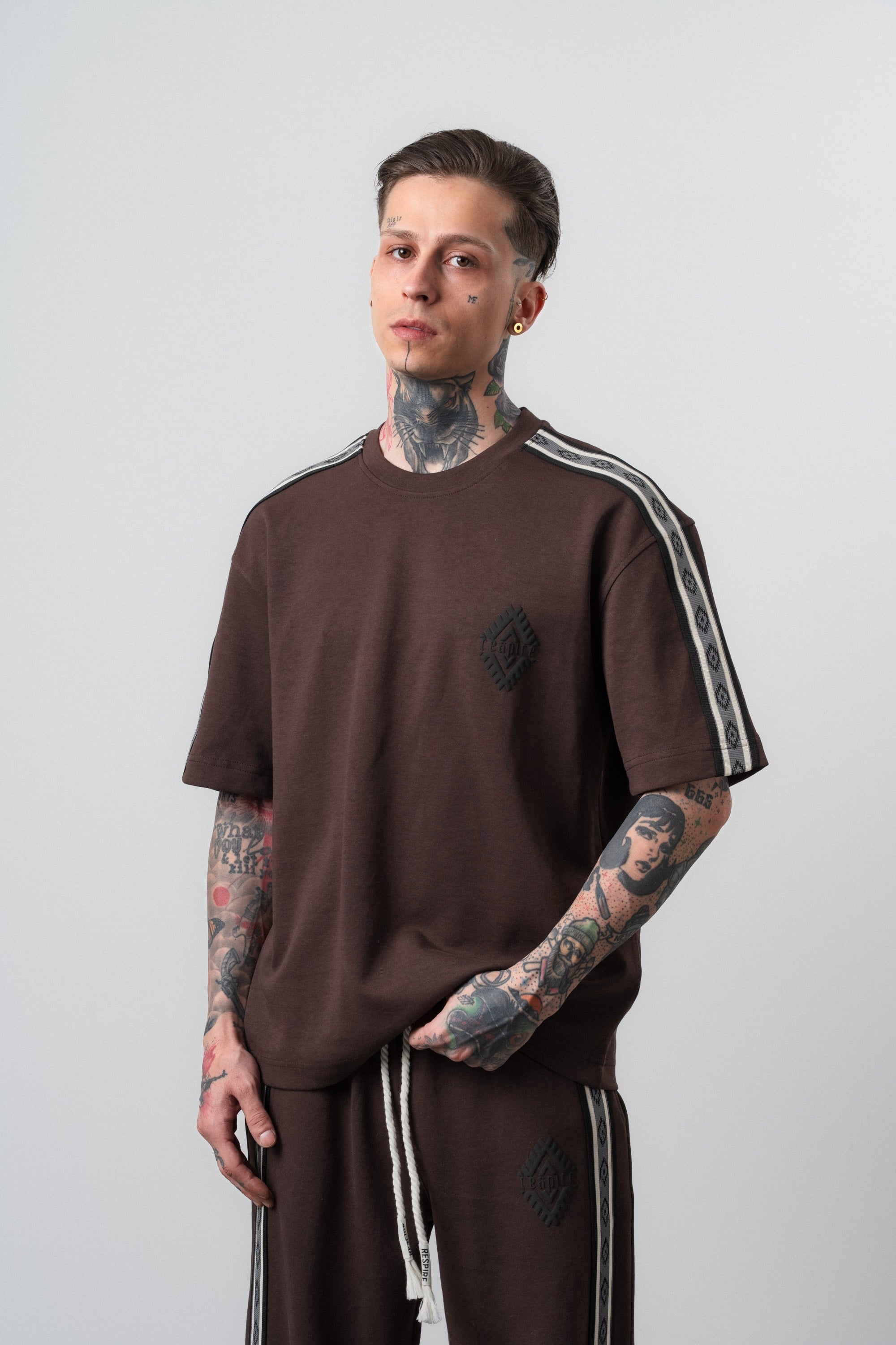 Erkek Şerit Detaylı Regular Fit T-Shirt Kahve