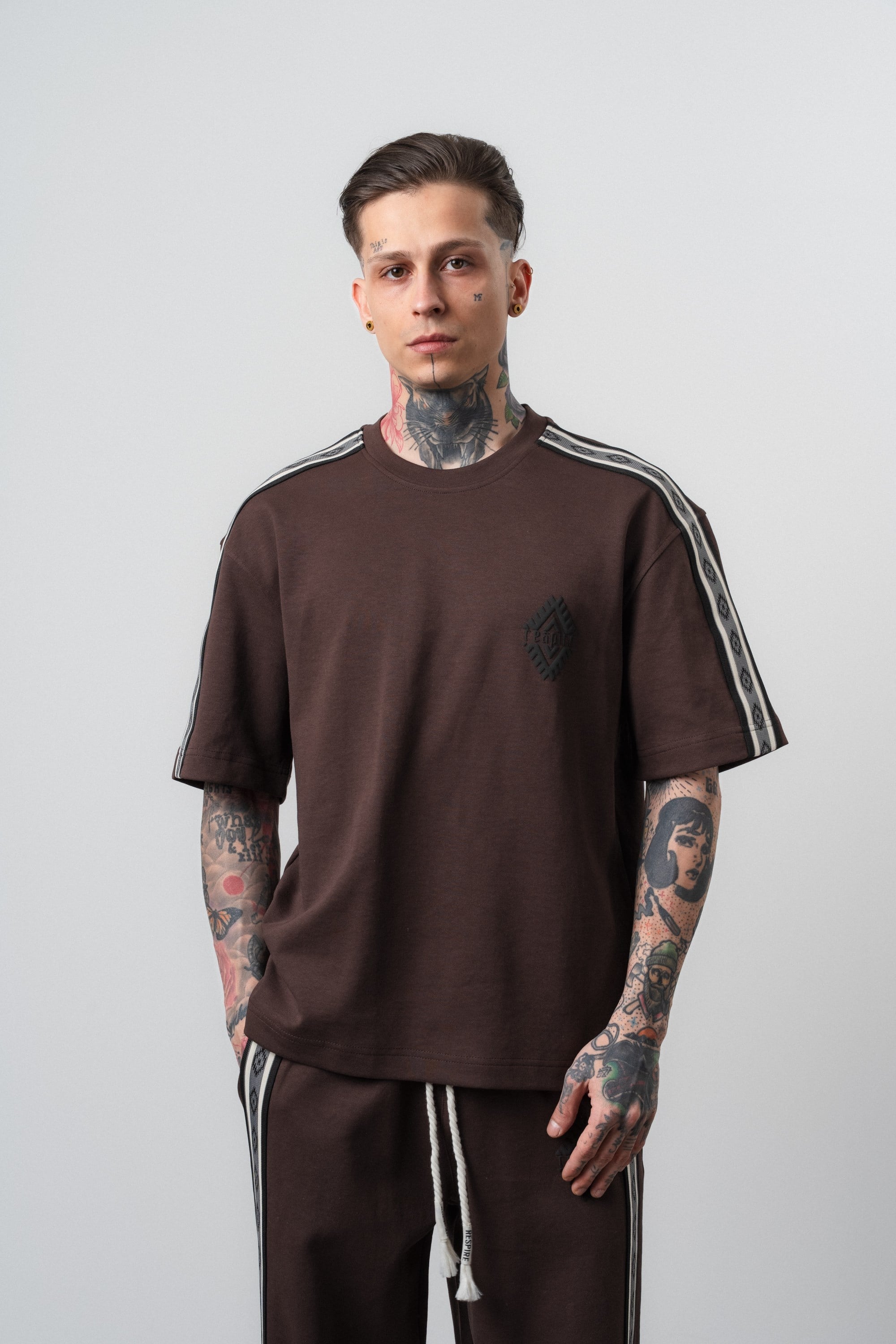 Erkek Şerit Detaylı Regular Fit T-Shirt Kahve