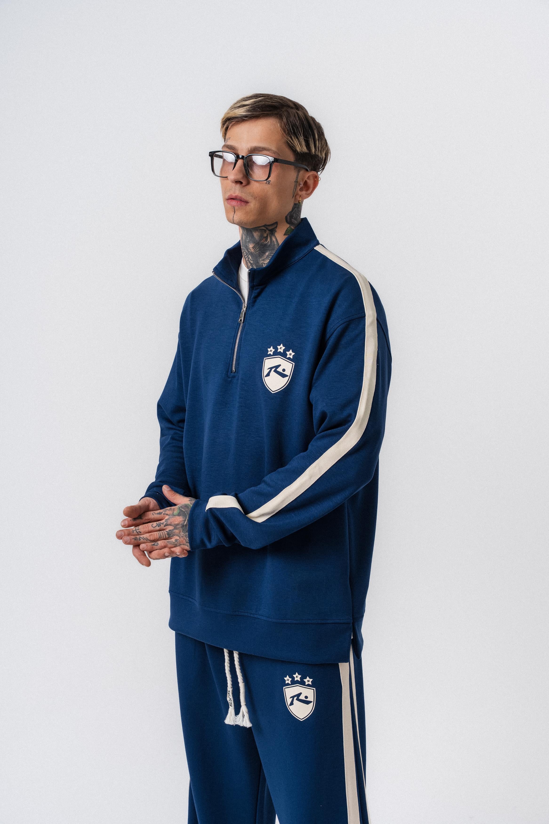 Erkek Şerit Detaylı Yarım Fermuarlı Modal Sweatshirt Lacivert