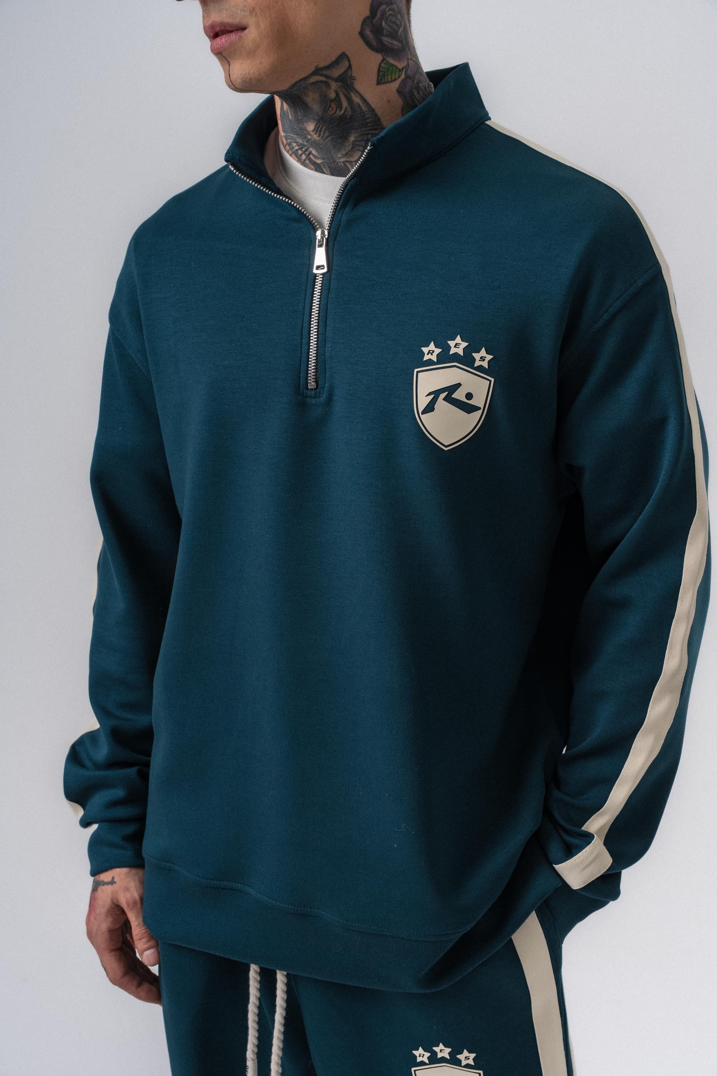Erkek Şerit Detaylı Yarım Fermuarlı Modal Sweatshirt Zümrüt