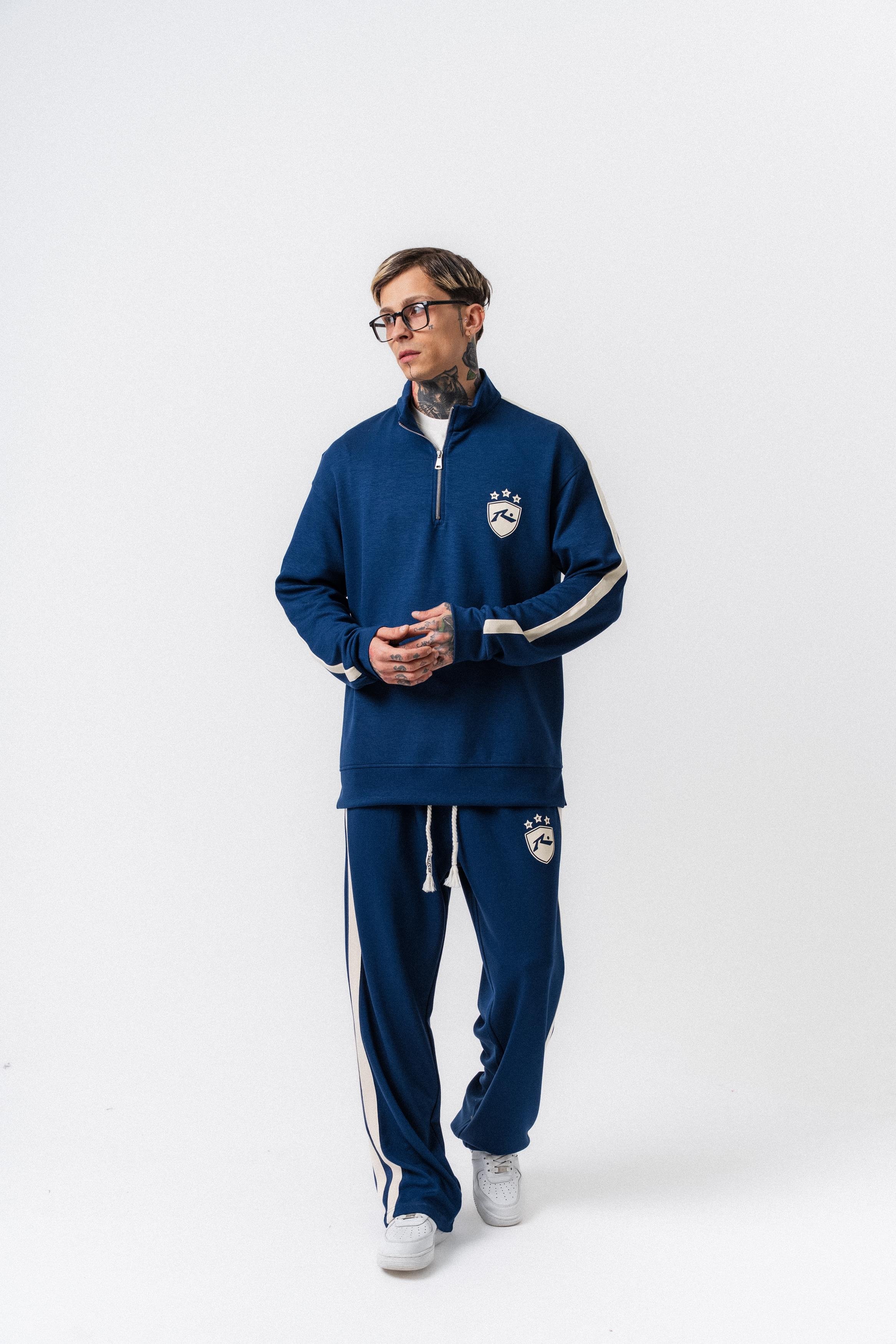 Erkek Şerit Detaylı Yarım Fermuarlı Modal Sweatshirt Lacivert
