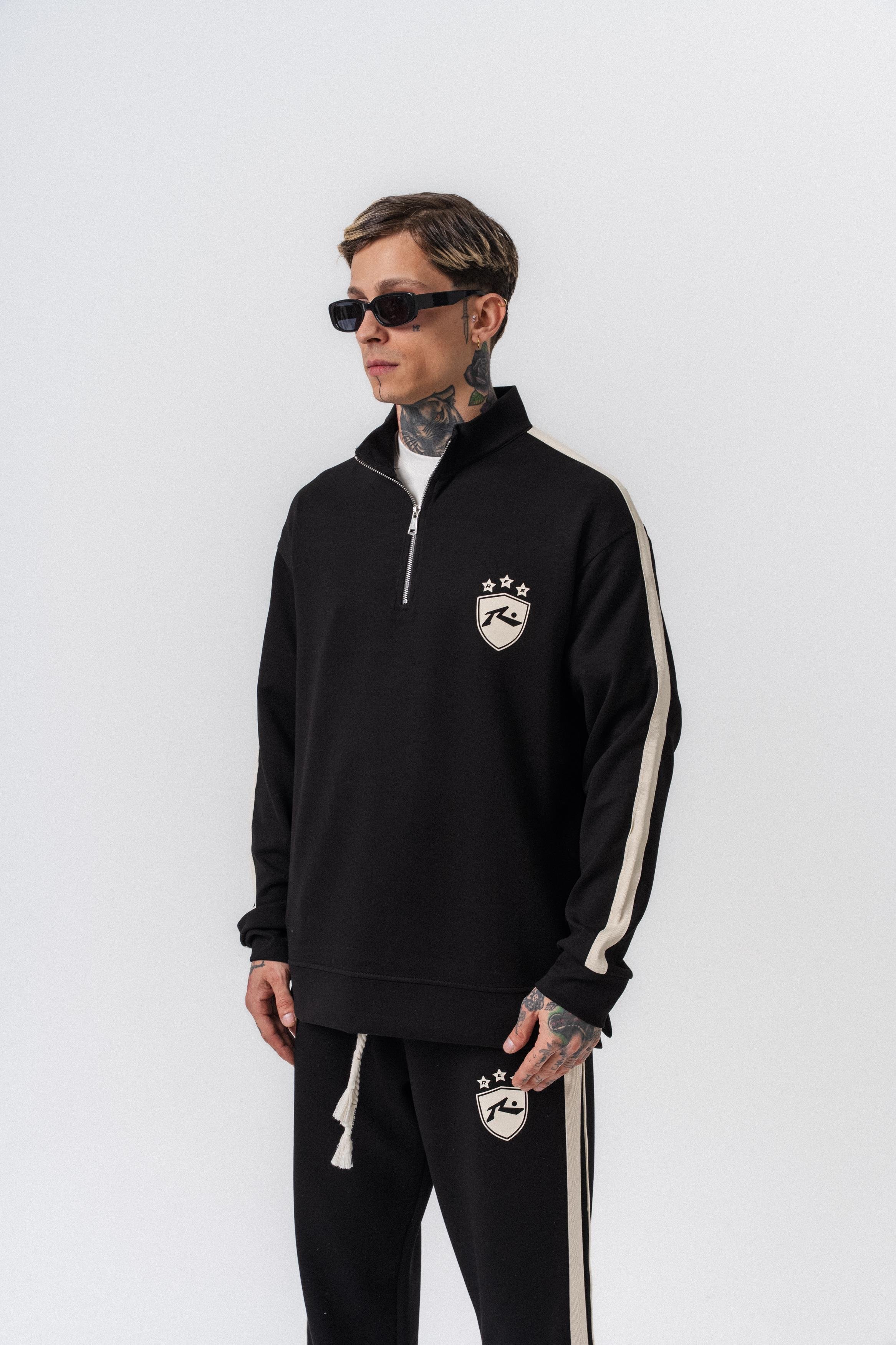 Erkek Şerit Detaylı Yarım Fermuarlı Modal Sweatshirt Siyah