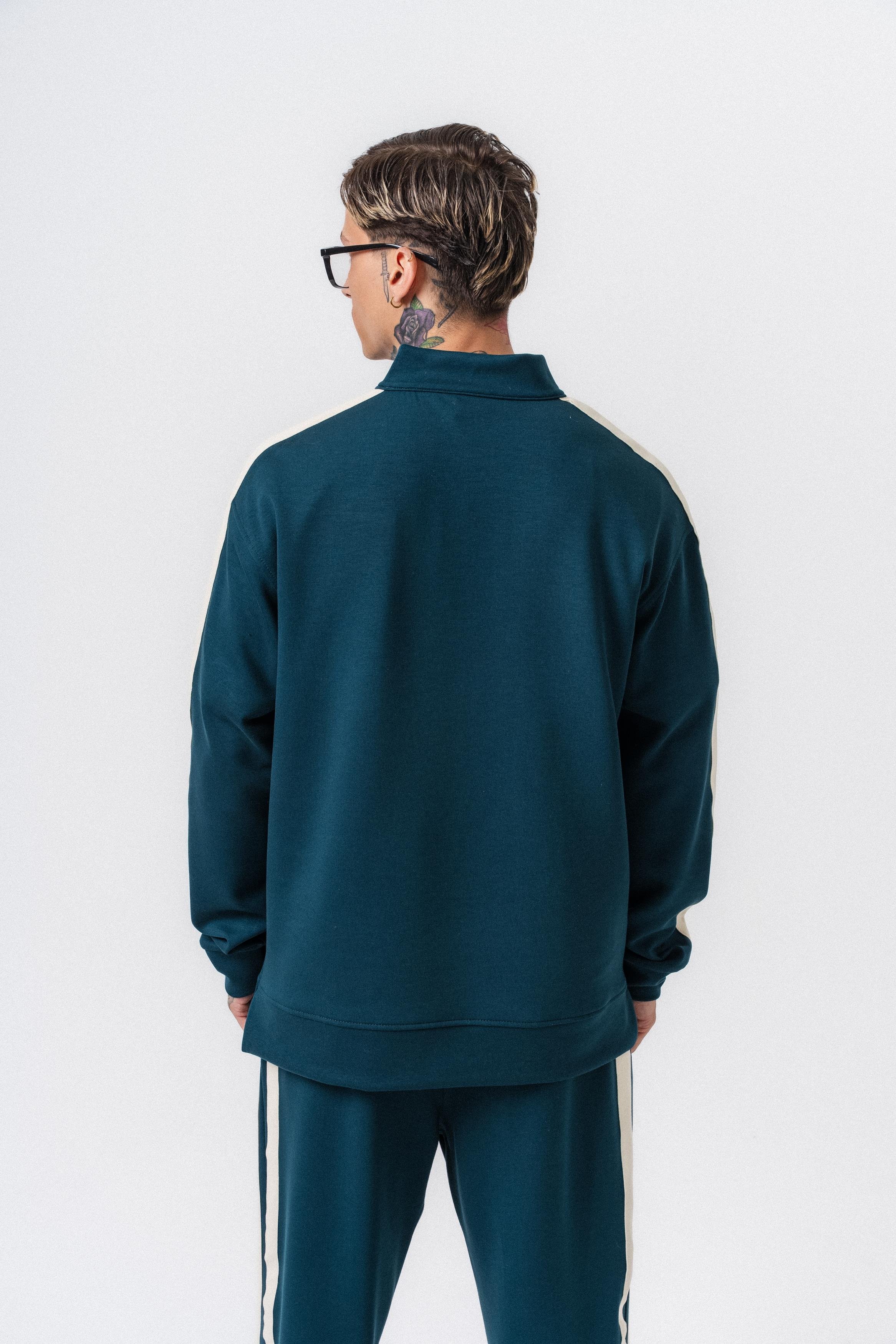 Erkek Şerit Detaylı Yarım Fermuarlı Modal Sweatshirt Zümrüt