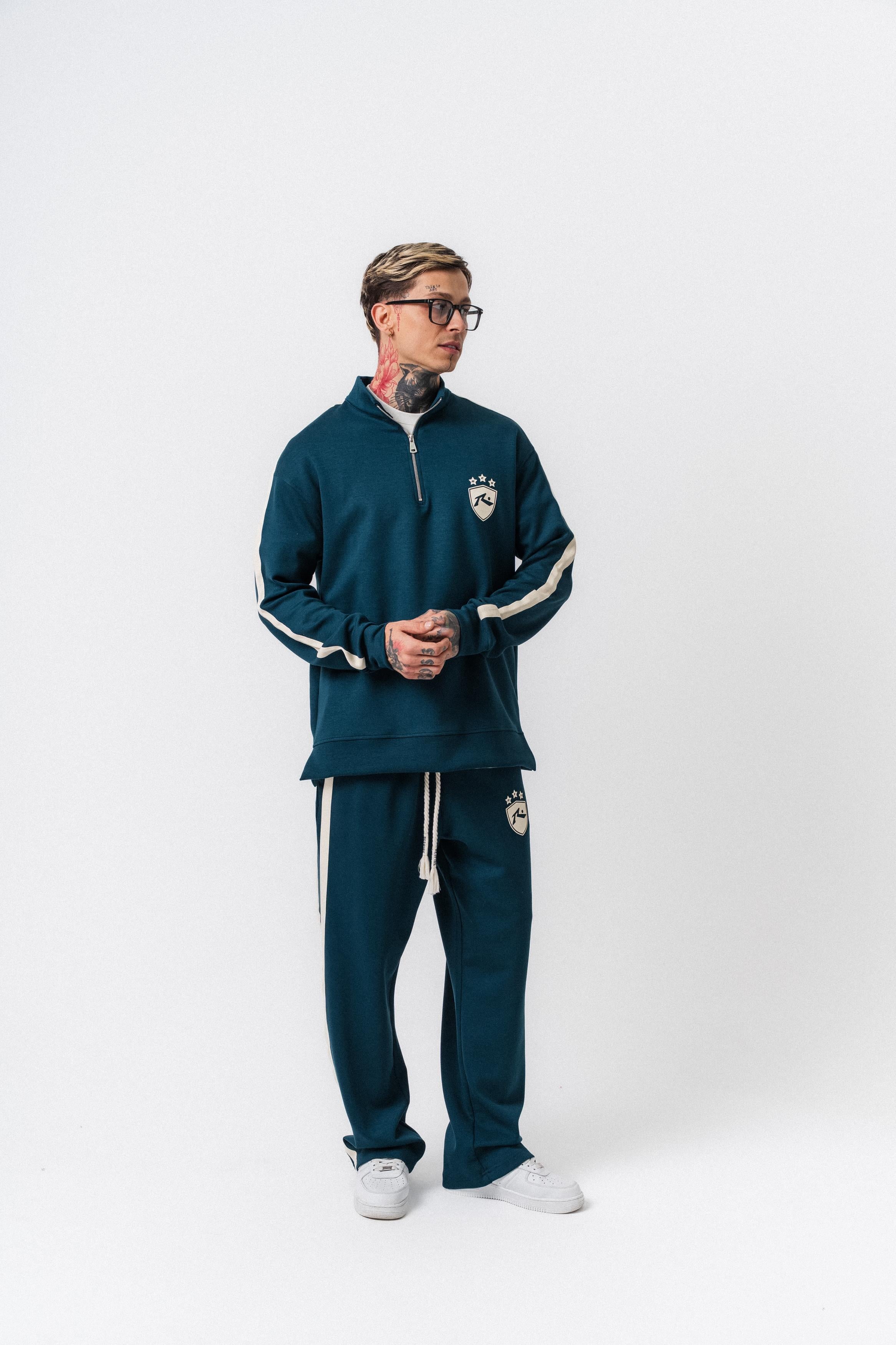 Erkek Şerit Detaylı Yarım Fermuarlı Modal Sweatshirt Zümrüt