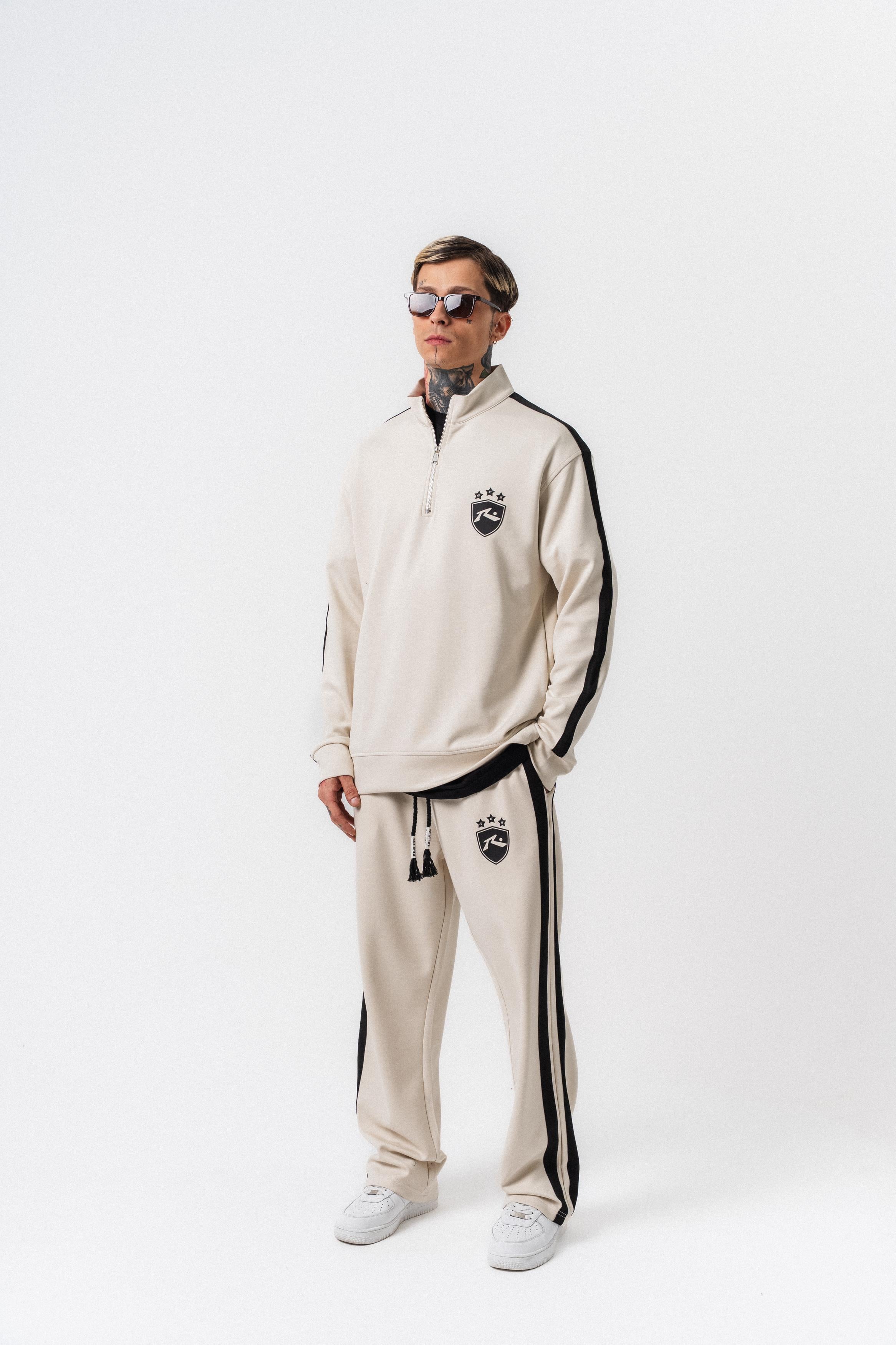 Erkek Şerit Detaylı Yarım Fermuarlı Modal Sweatshirt Ekru