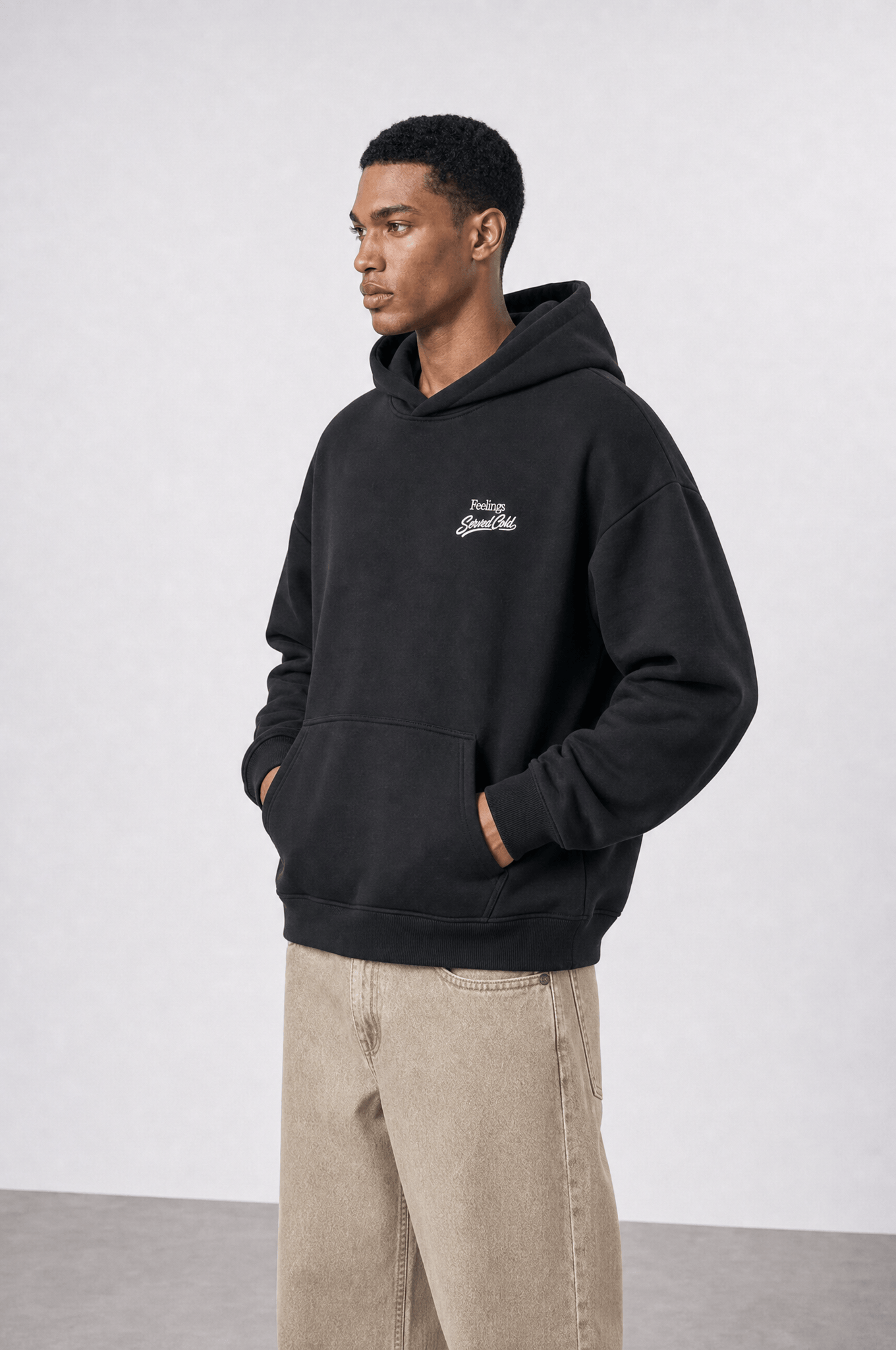 Erkek Served Cold Baskılı Oversize Hoodie Siyah