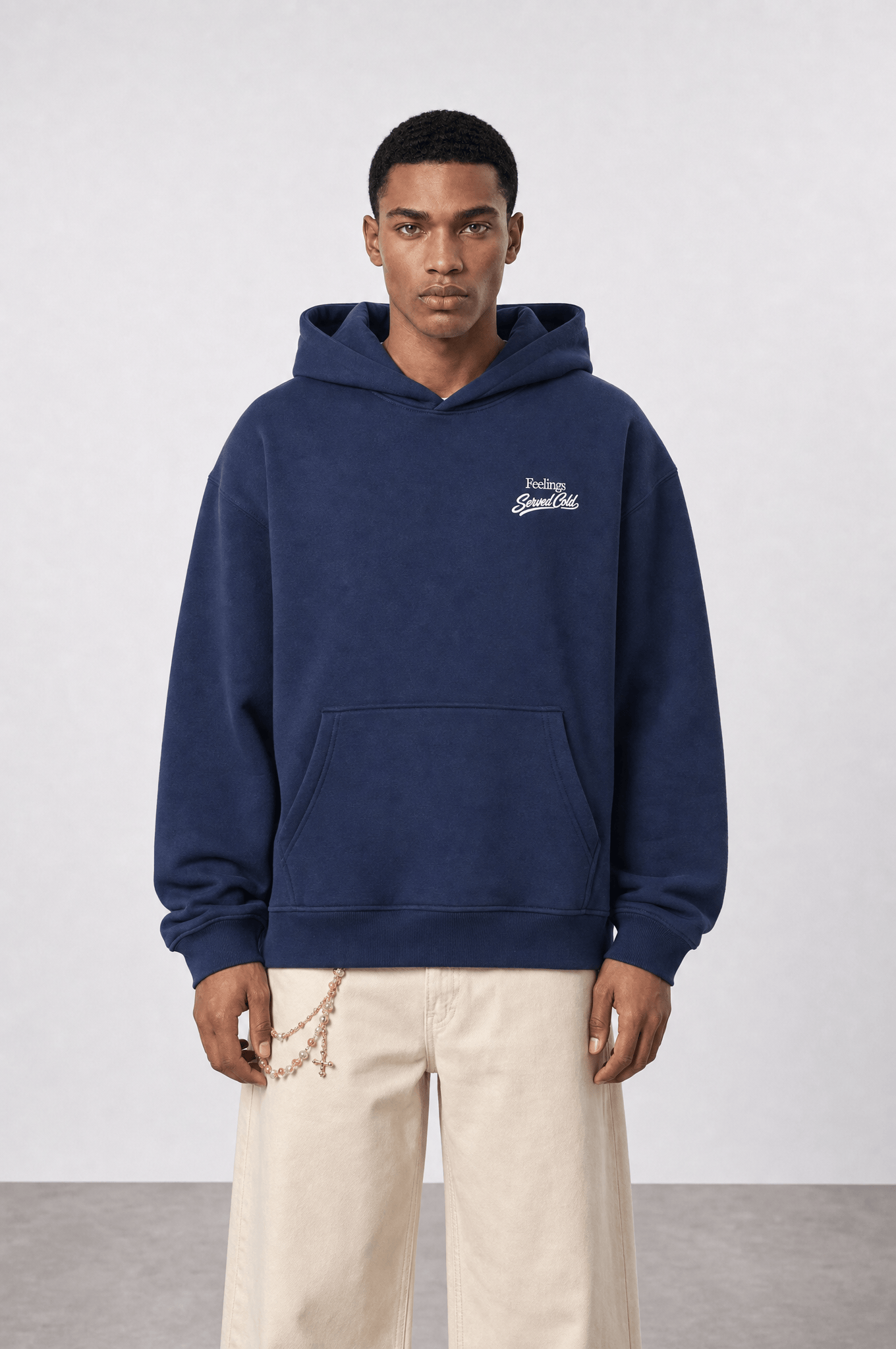 Erkek Served Cold Baskılı Oversize Hoodie Lacivert