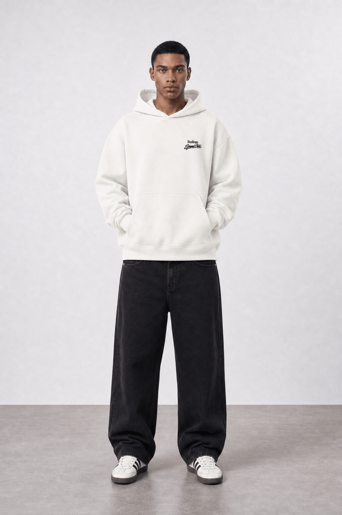 Erkek Served Cold Baskılı Oversize Hoodie Ekru