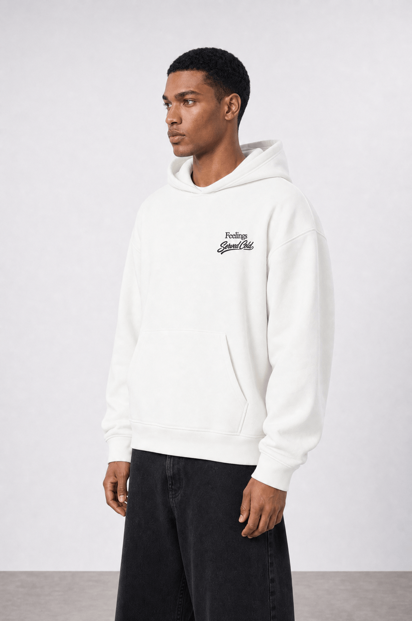 Erkek Served Cold Baskılı Oversize Hoodie Ekru