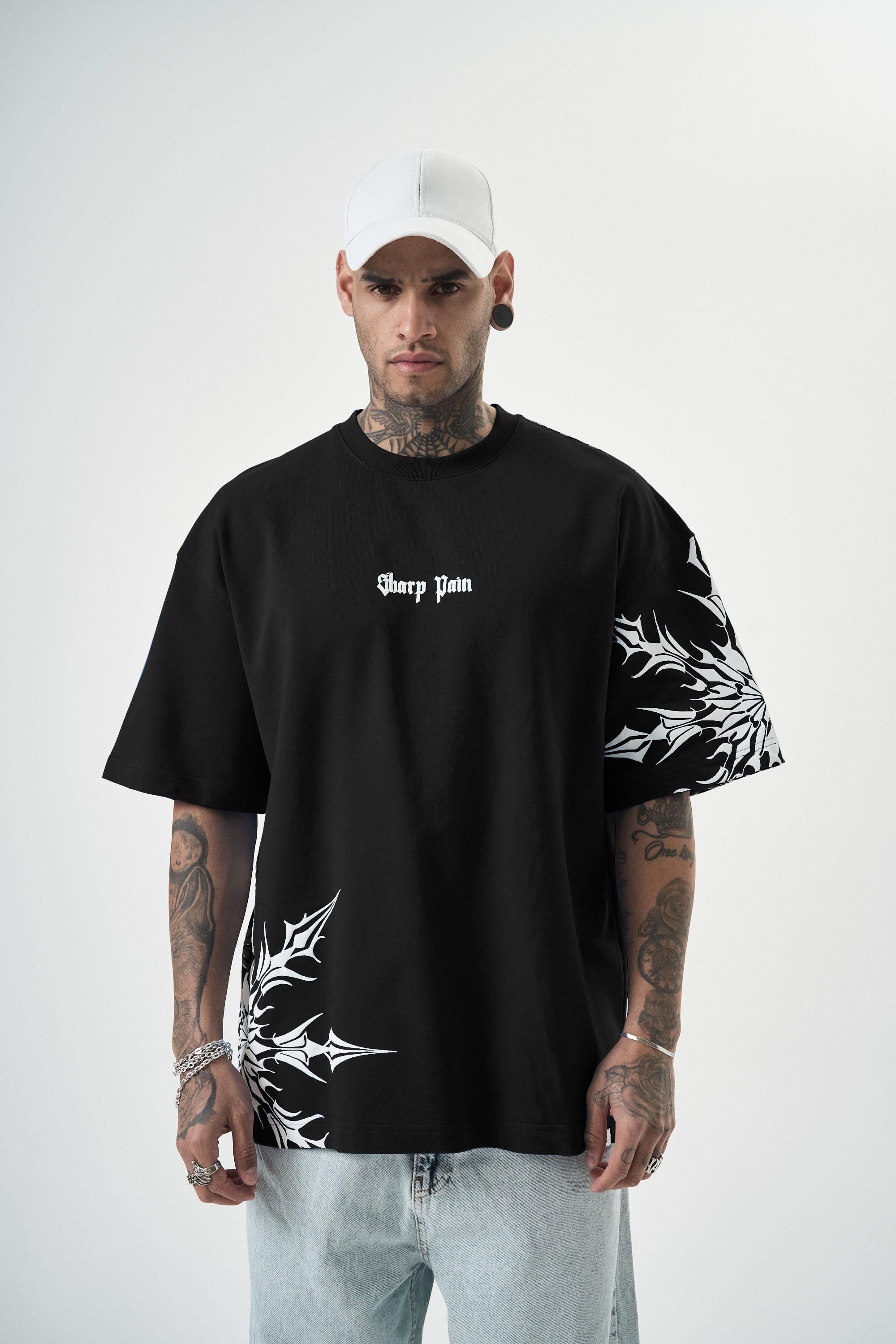 Erkek Sharp Pain Baskılı Oversize T-Shirt Siyah