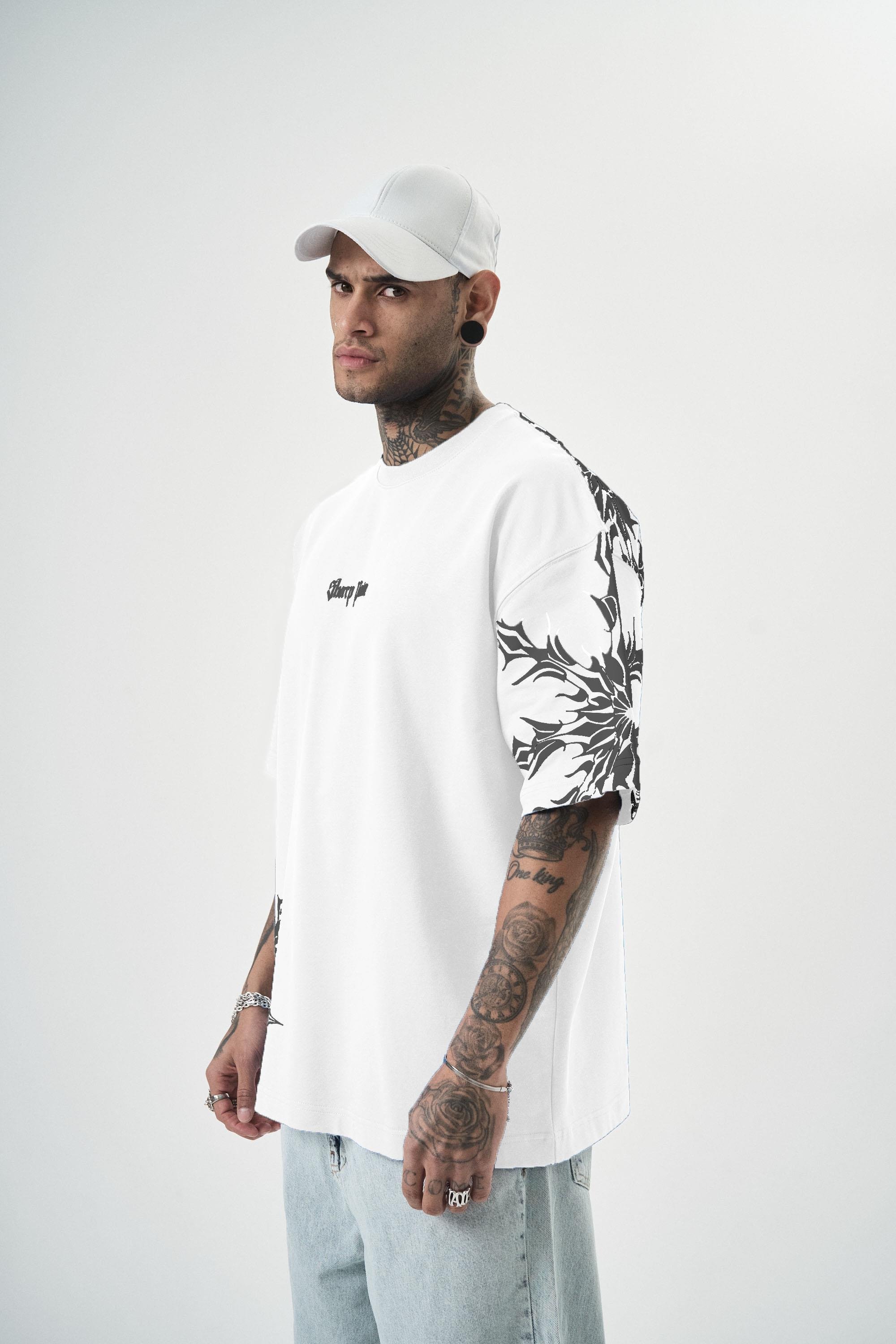 Erkek Sharp Pain Baskılı Oversize T-Shirt Beyaz