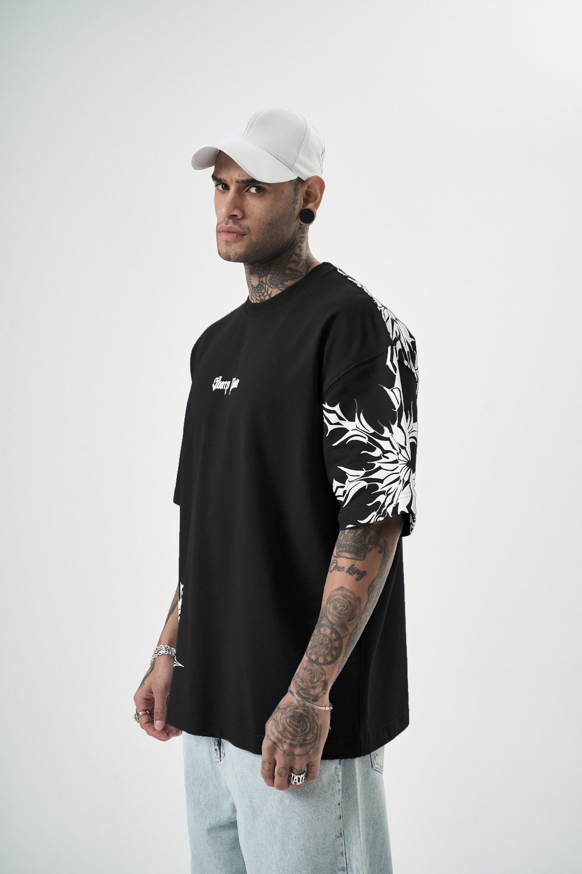 Erkek Sharp Pain Baskılı Oversize T-Shirt Siyah