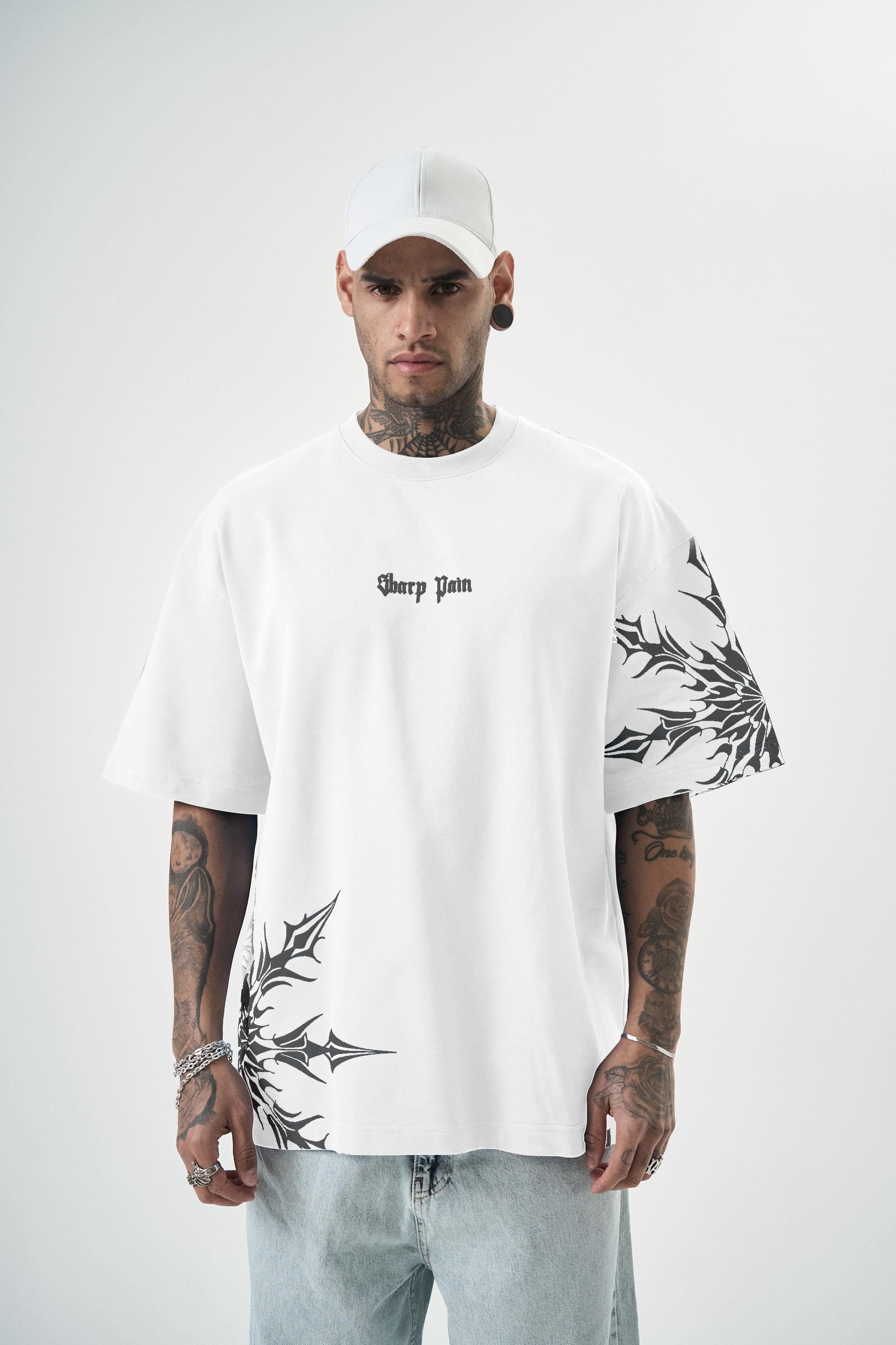 Erkek Sharp Pain Baskılı Oversize T-Shirt Beyaz