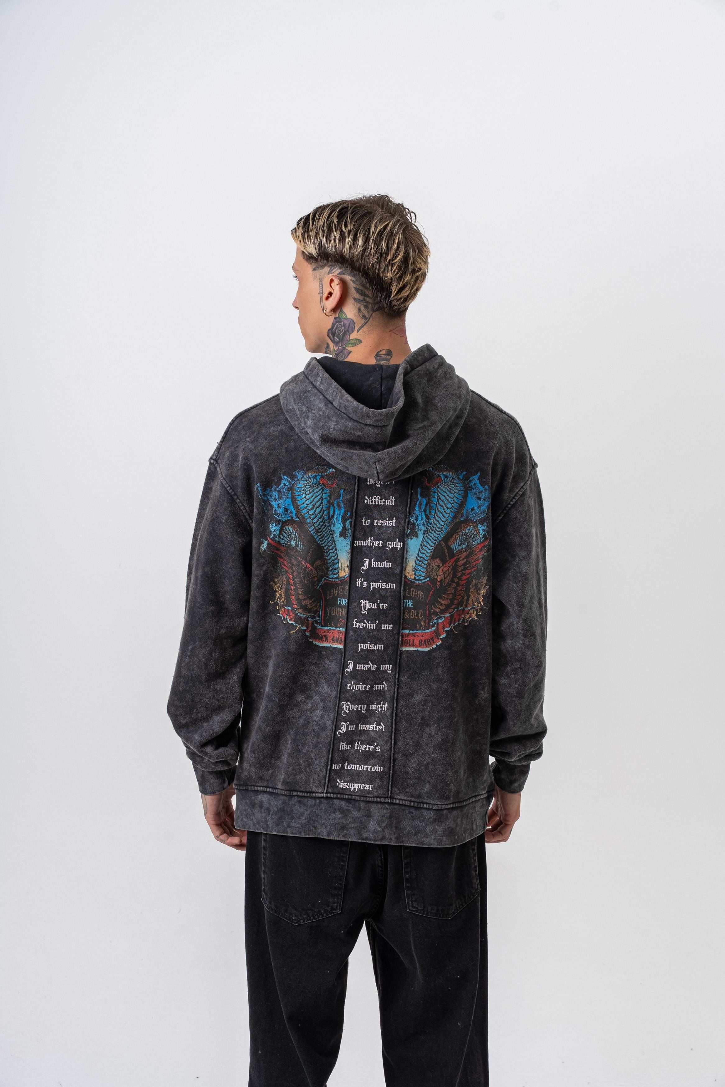 Erkek Snake Baskılı Yıkamalı Kapüşonlu Oversize Hoodie Siyah