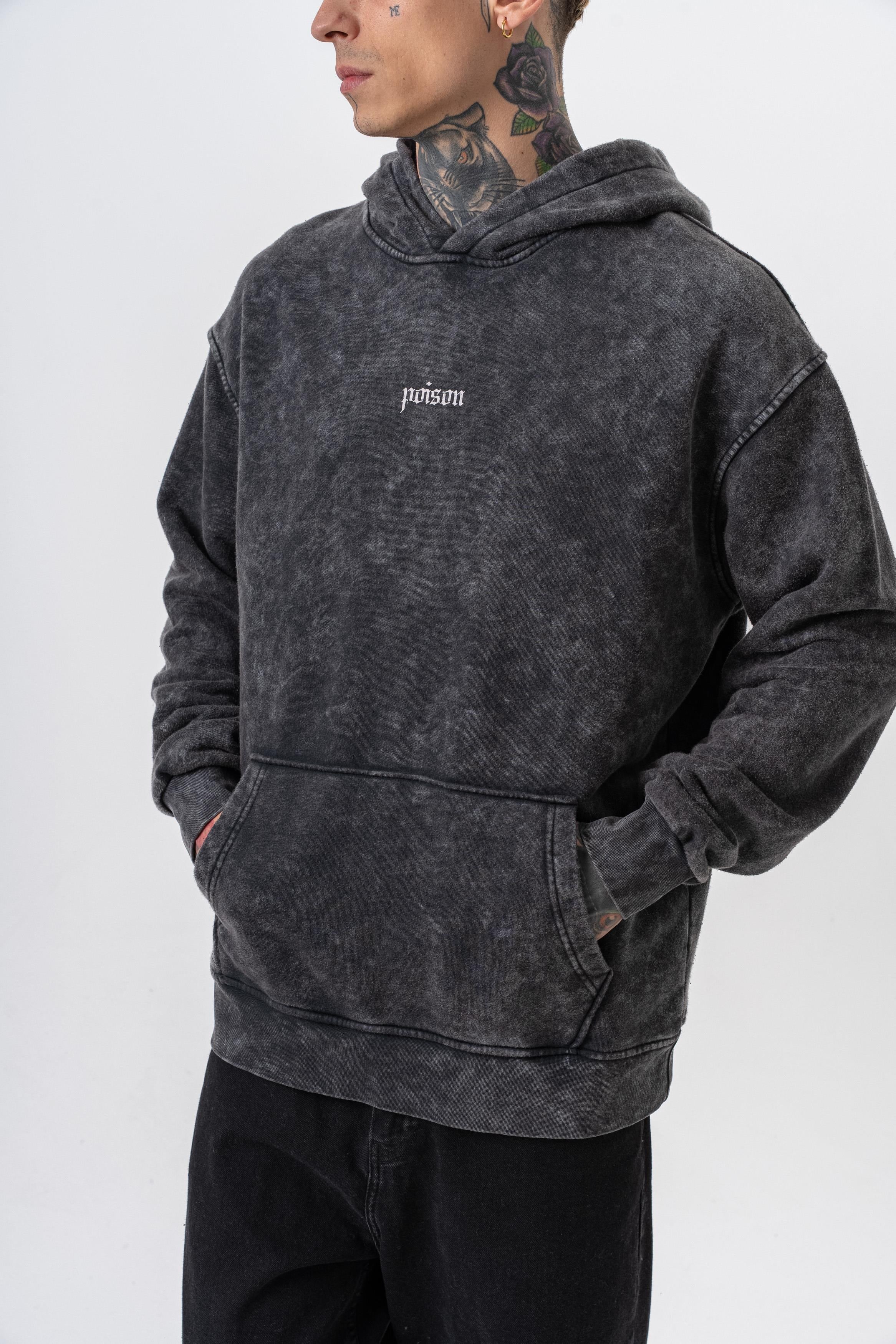 Erkek Snake Baskılı Yıkamalı Kapüşonlu Oversize Hoodie Siyah