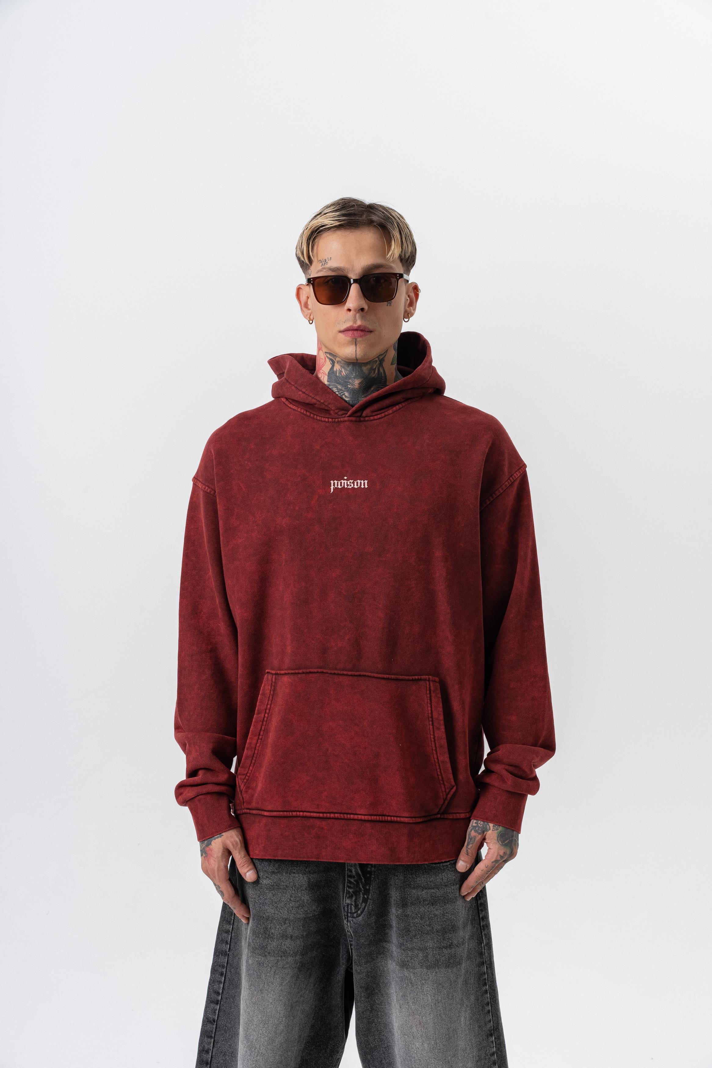 Erkek Snake Baskılı Yıkamalı Kapüşonlu Oversize Hoodie Bordo