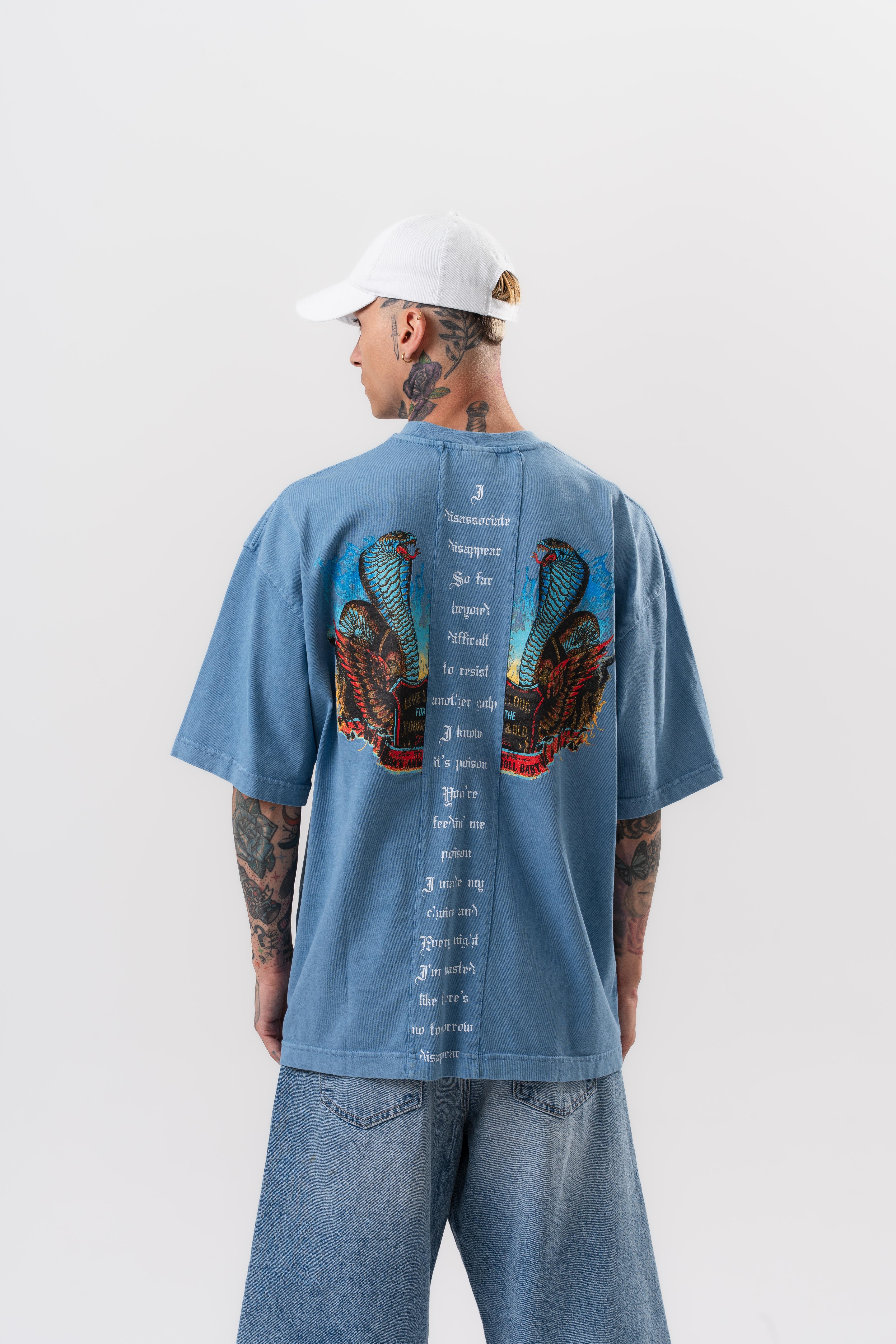 Erkek Snake Baskılı Yıkamalı Oversize T-Shirt Mavi