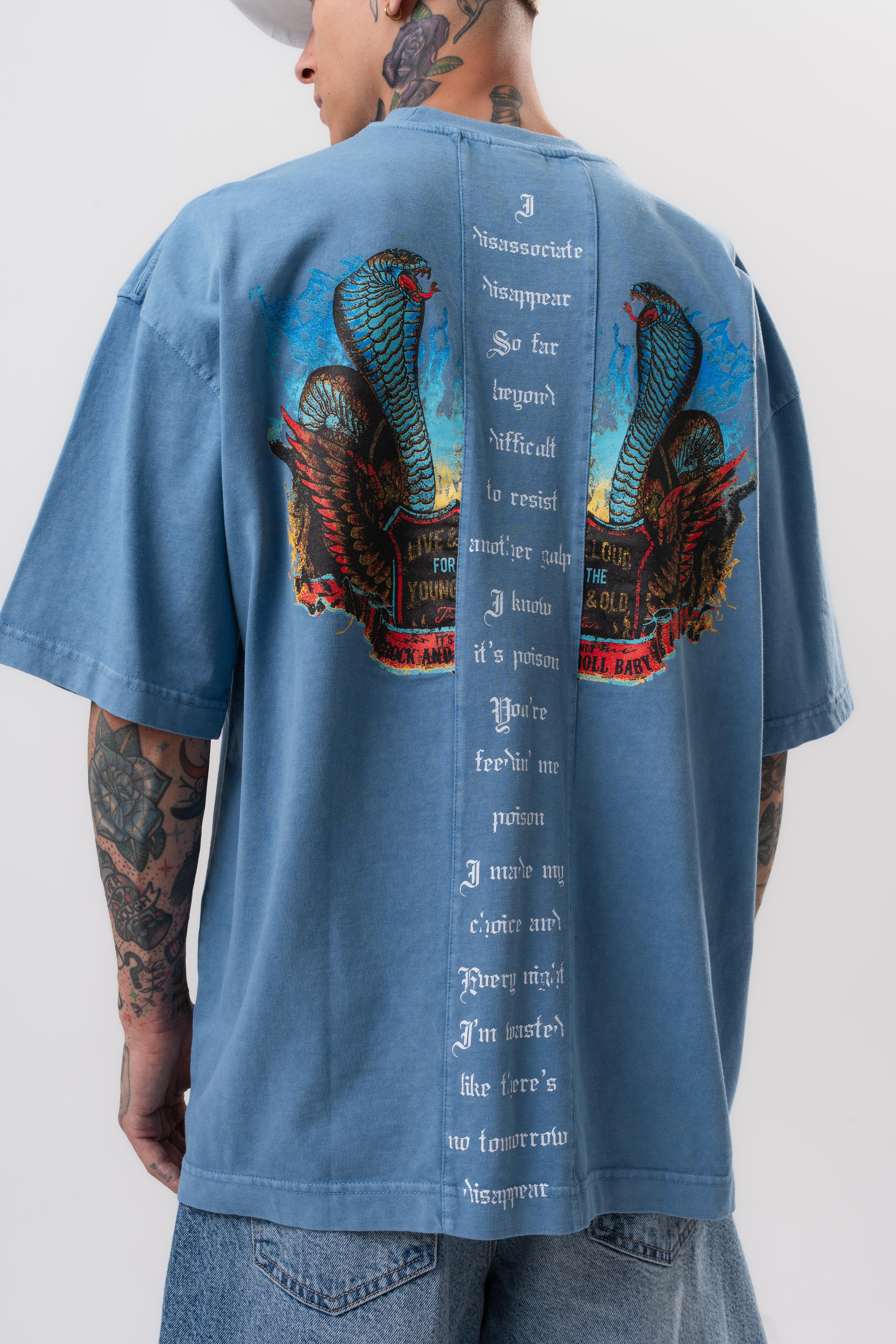 Erkek Snake Baskılı Yıkamalı Oversize T-Shirt Mavi